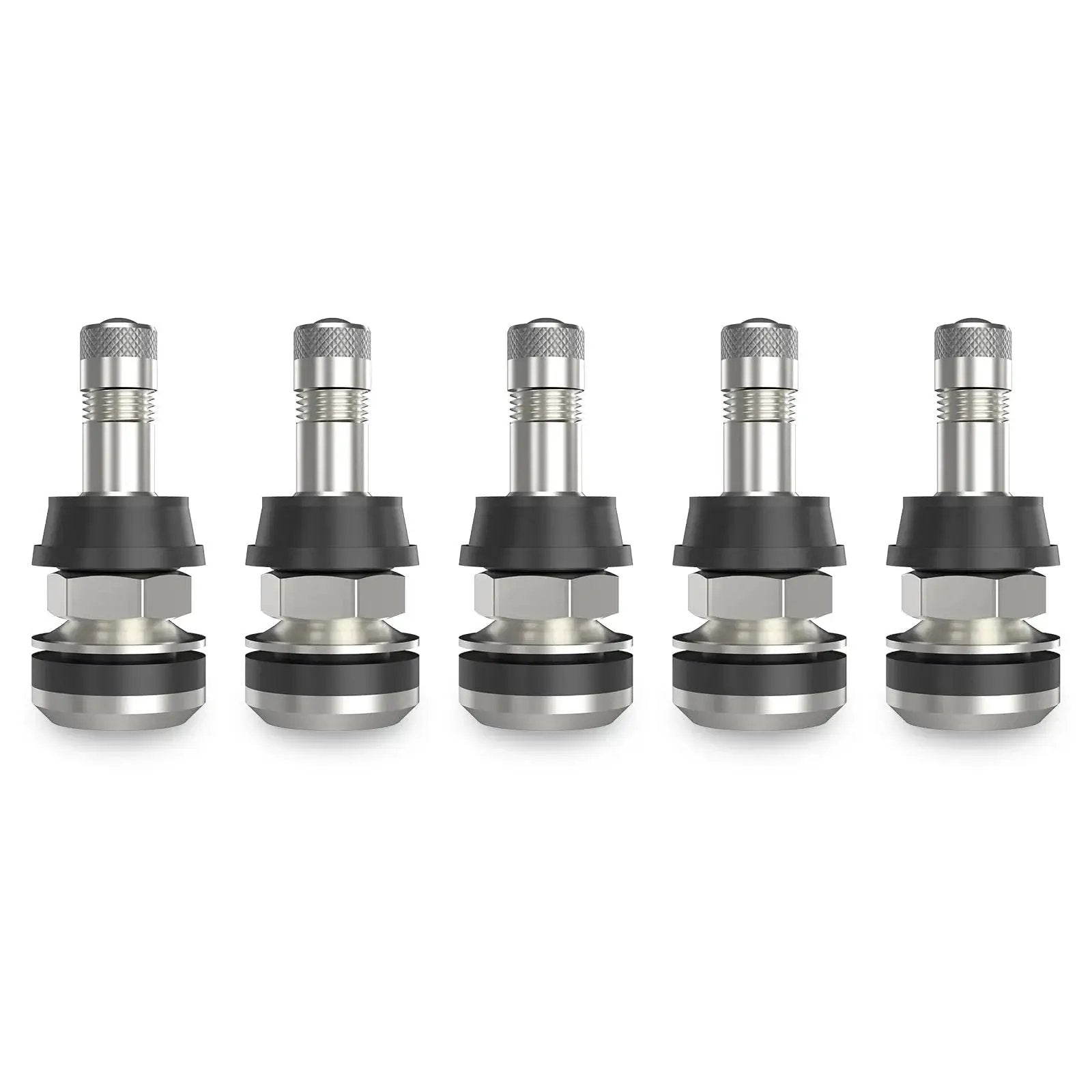 5 Pack Metal Tire Valve Stems Outer Mount Fits 0.453 Inch And 0.625 Inch Rim Holes Brass Chrome Finish EPDM Rubber High Temperature Valve Core Included Clamp In Valves With 1.5 Inch Effective Length And 1 5/8 Inch Overall Length shown in a row