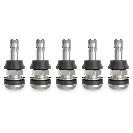 5 Pack Metal Tire Valve Stems Outer Mount Fits 0.453 Inch And 0.625 Inch Rim Holes Brass Chrome Finish EPDM Rubber High Temperature Valve Core Included Clamp In Valves With 1.5 Inch Effective Length And 1 5/8 Inch Overall Length shown in a row
