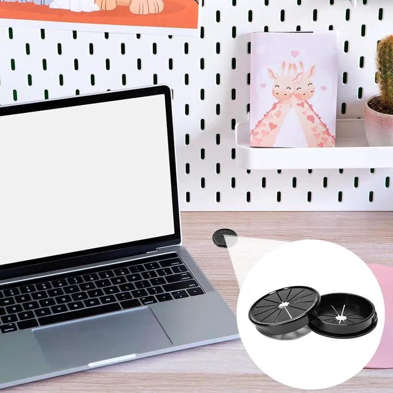 4 Pack Desk Cable Grommets 63mm Petal Buckle Nylon Snap Bushing for cables and wires on desk with laptop background