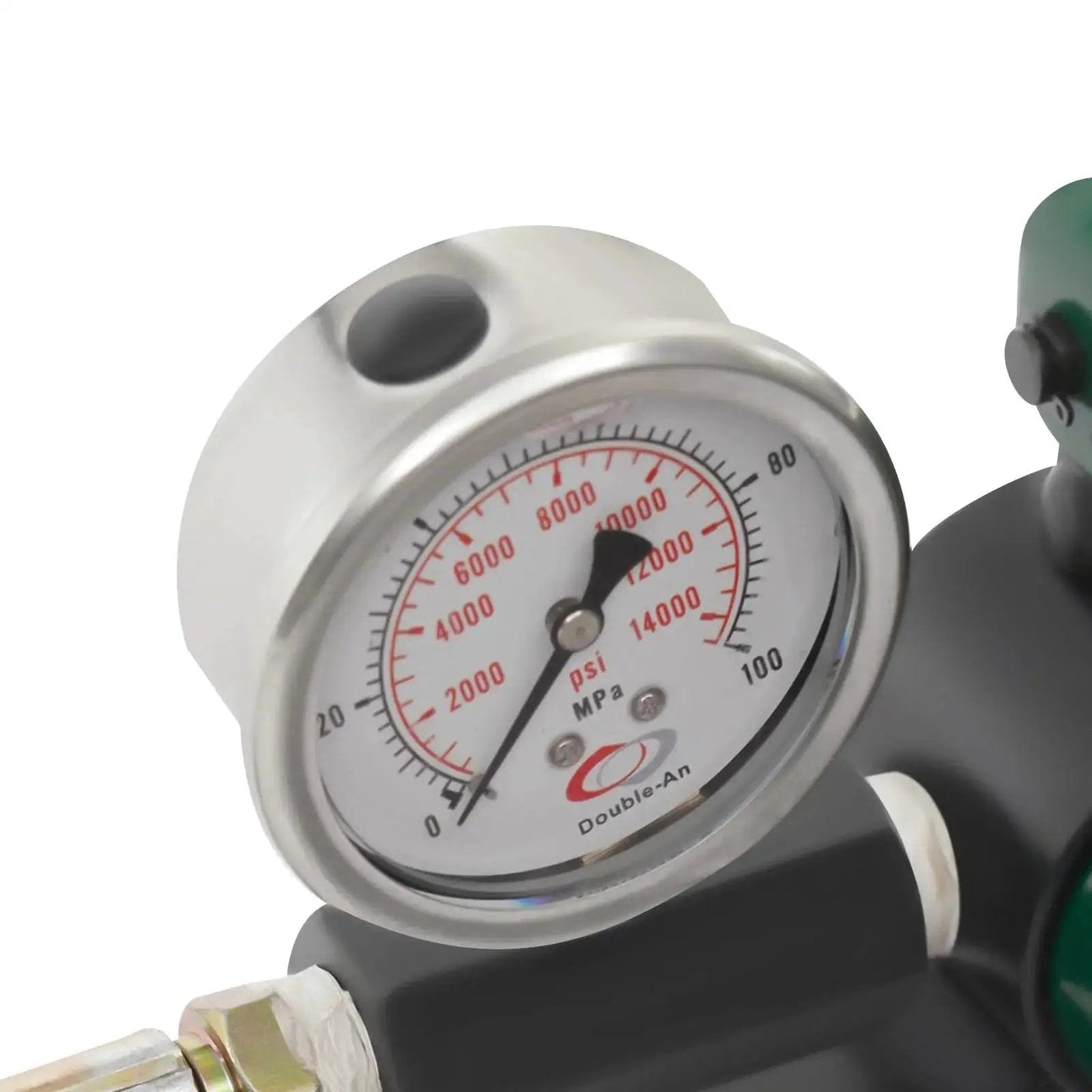 Close-up of gauge on 20 Ton Hydraulic Ram Jack With Hand Pump And Gauge Low Profile Porta Power Kit showing pressure readings.