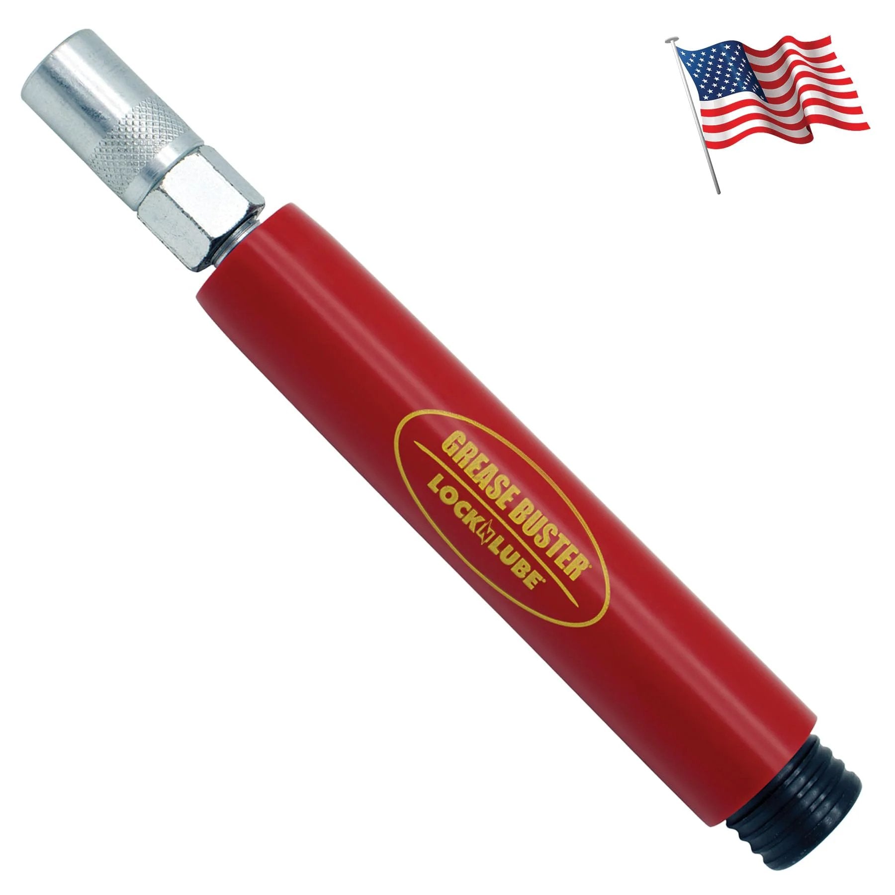 Grease Buster The Original Grease Flushing Tool For Fittings Pins Shafts And Joints Uses Penetrating Oil And Hydraulic Pressure To Clean Dried Grease Made In USA By LockNLube, red tool, American flag in background, side view