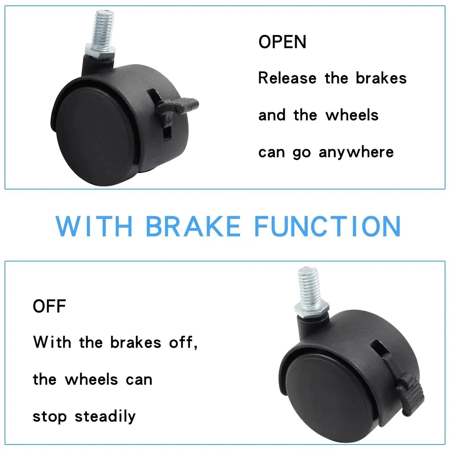 5 Pack 1.5 Inch Nylon Caster Wheels With M8 Threaded Stem And Brakes For Carts And Coffee Tables, showing brake function