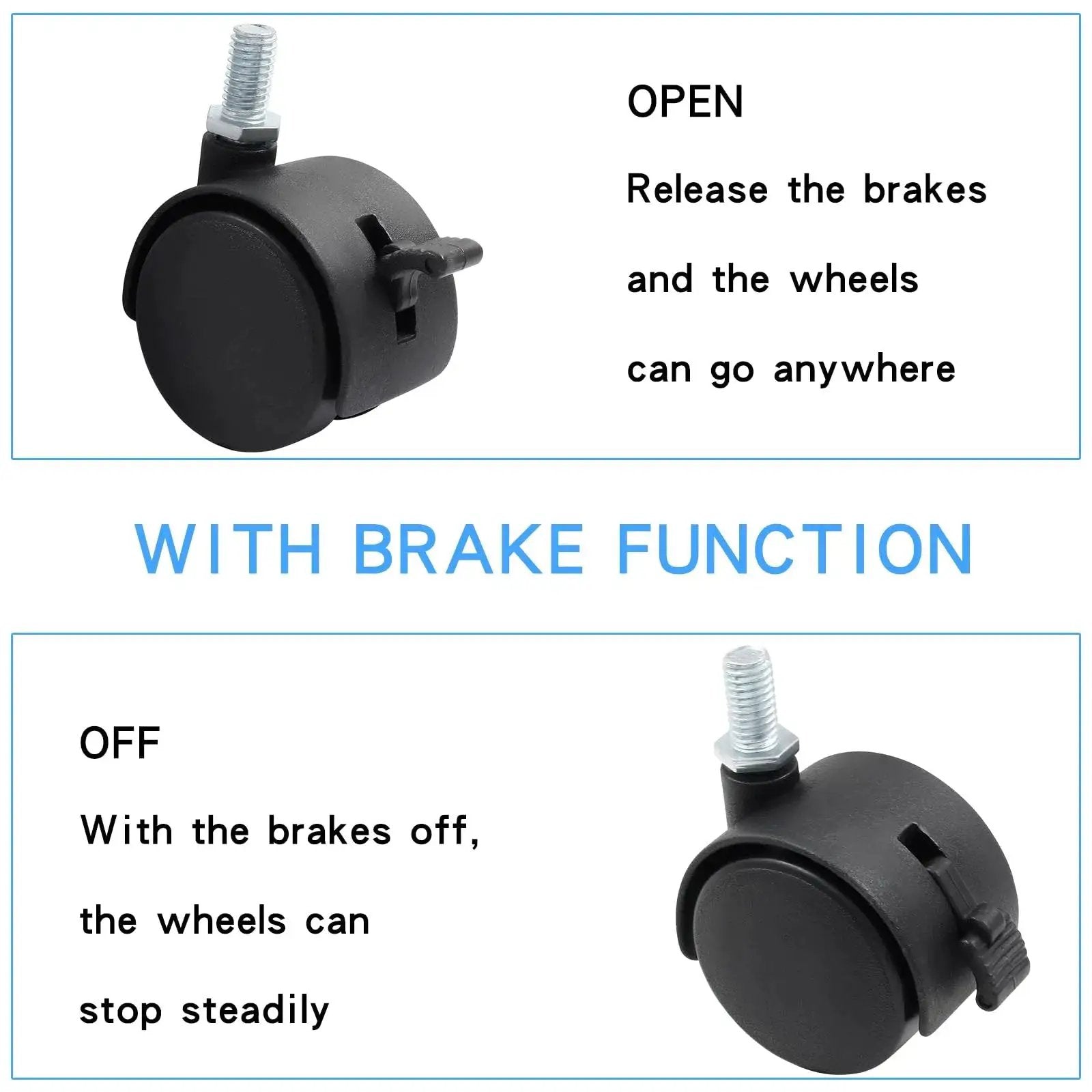 5 Pack 1.5 Inch Nylon Caster Wheels With M8 Threaded Stem And Brakes For Carts And Coffee Tables, showing brake function
