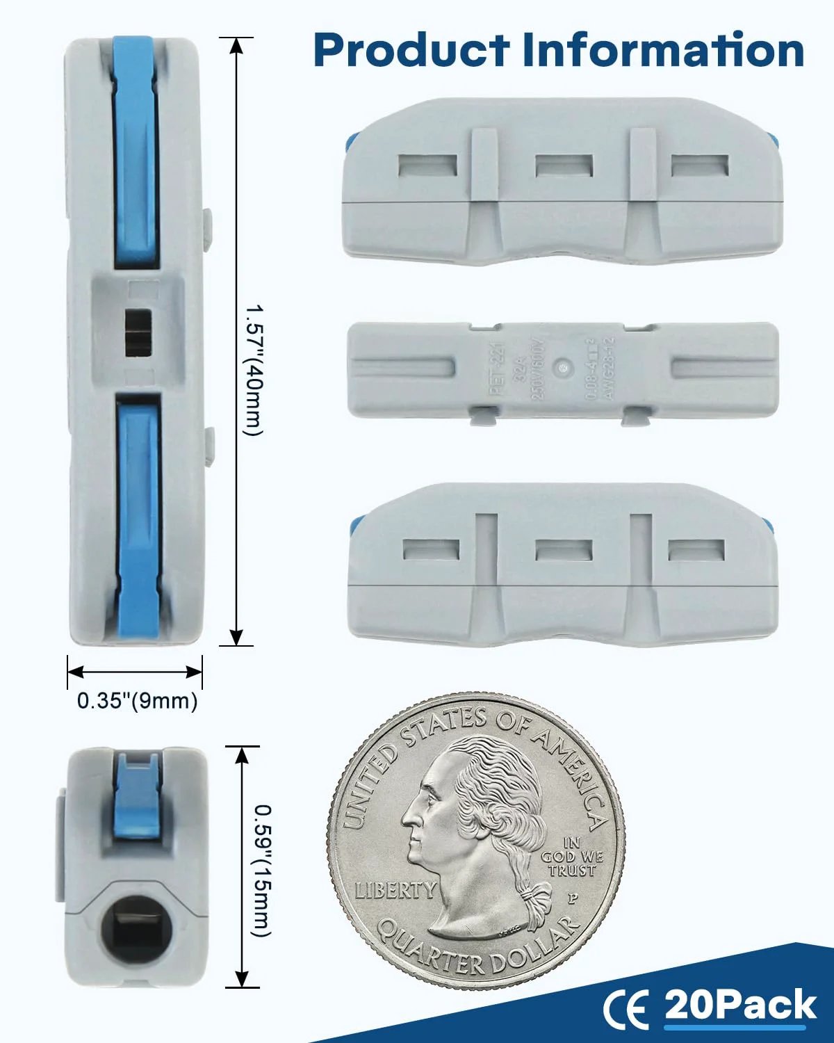 Lever Wire Connector Kit With 20 Pieces For Quick Connect Inline Splices And Push In Terminals, size comparison with coin