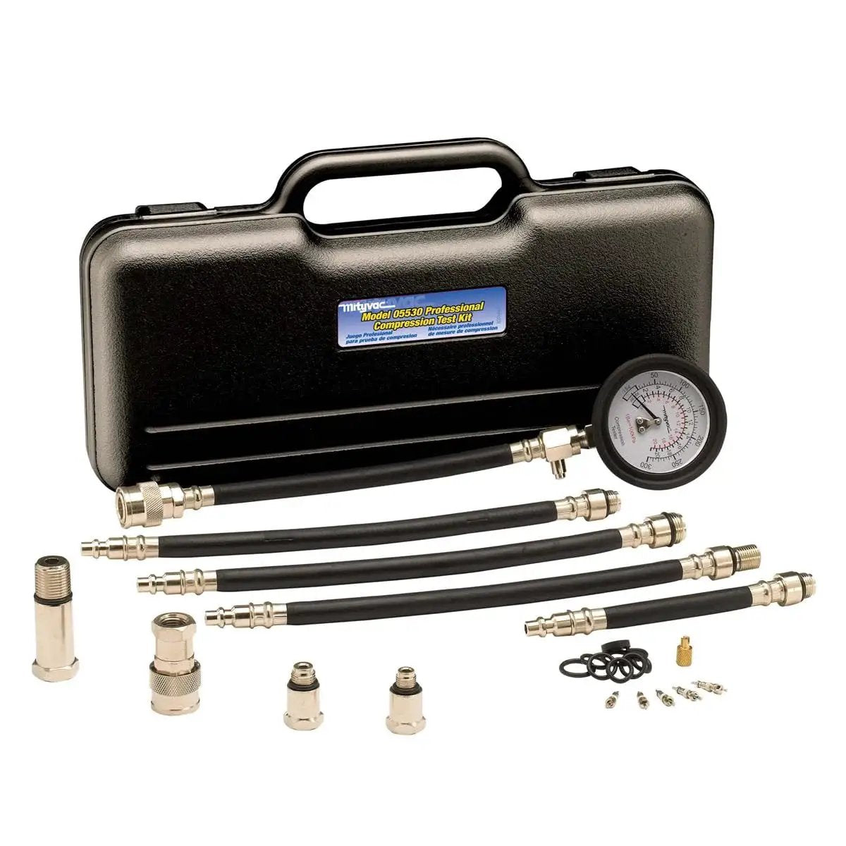 Engine Compression Test Kit With 2.75in Gauge And Quick Disconnect Adapters, shown with black case and various adapters