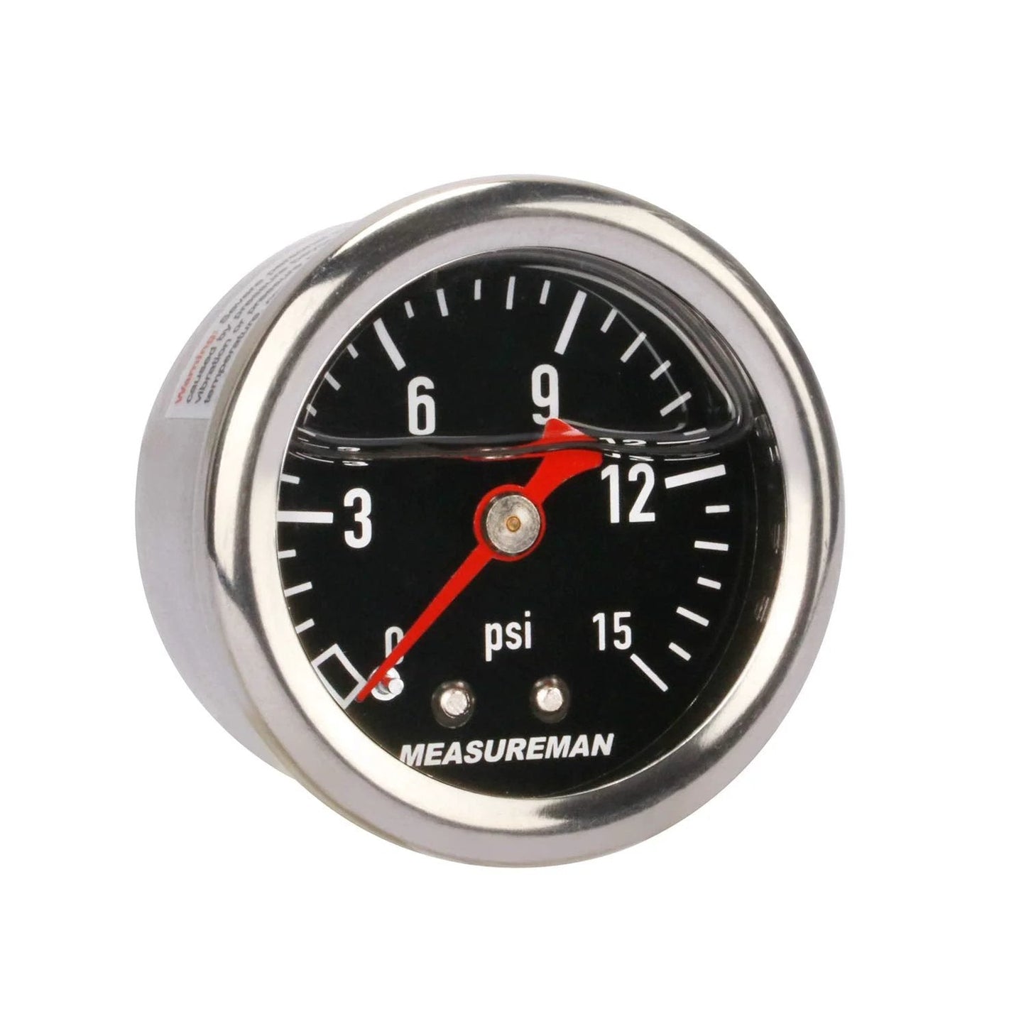Liquid Filled Fuel Pressure Gauge, 1.5 Inch Black Dial, 304 Stainless Steel Case, Brass Wetted Parts, 0-15 PSI.