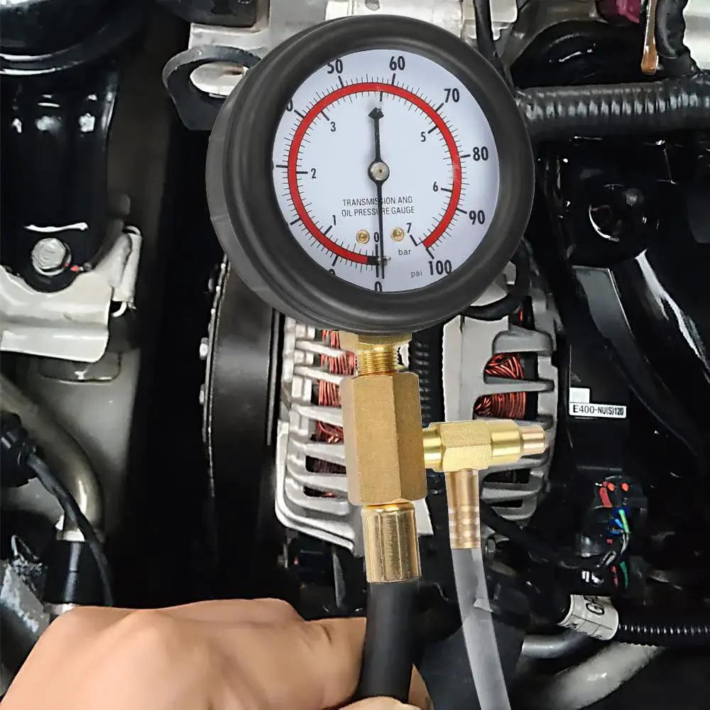 Fuel Pressure Test Kit 0 To 100 PSI With SAE Adapters For Universal Engines showing gauge in use
