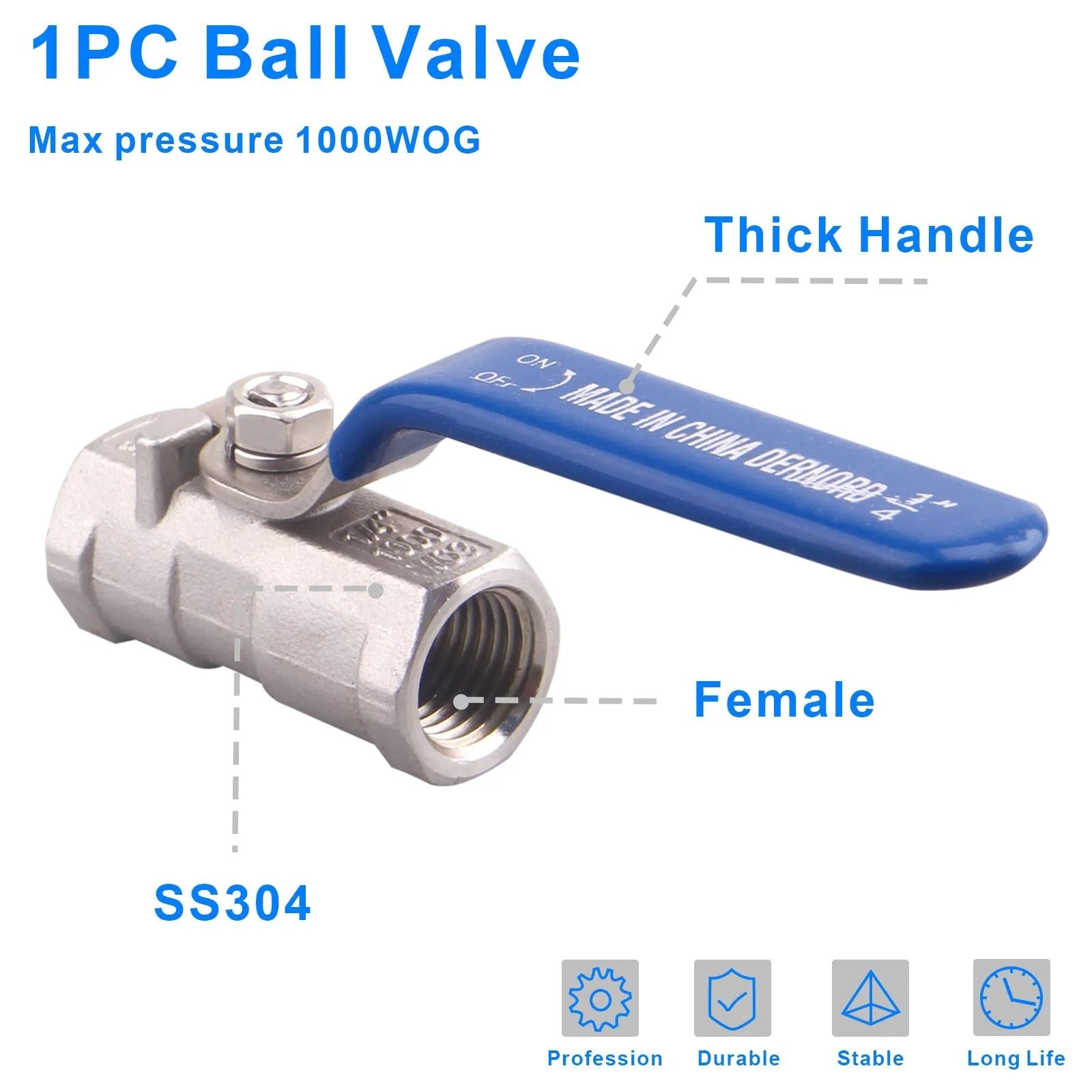 Stainless Steel Ball Valve 1Pc Type 0.25 Inch NPT Standard Port For Water Oil And Gas Pack Of 2, blue vinyl handle, side view