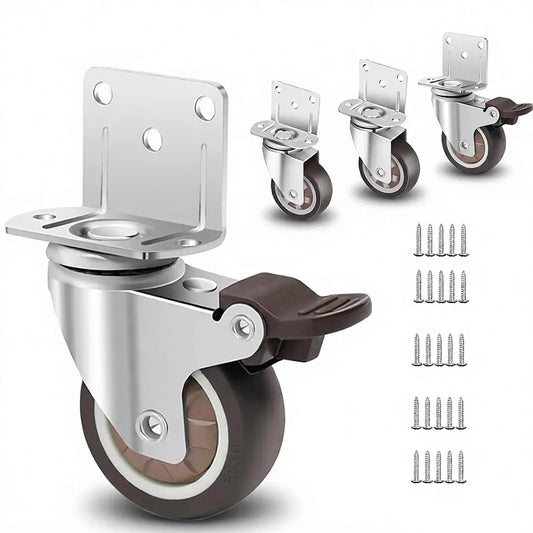 Side Mount L Shaped Plate 2 Inch Rubber Casters Set Of 4 With 2 Swivel And 2 Brakes Heavy Duty Low Profile Casters shown with screws