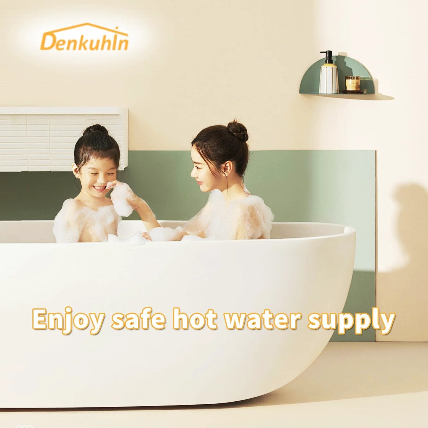 Two people enjoying a bubble bath, illustrating the safe hot water supply concept from Denkuhin.
