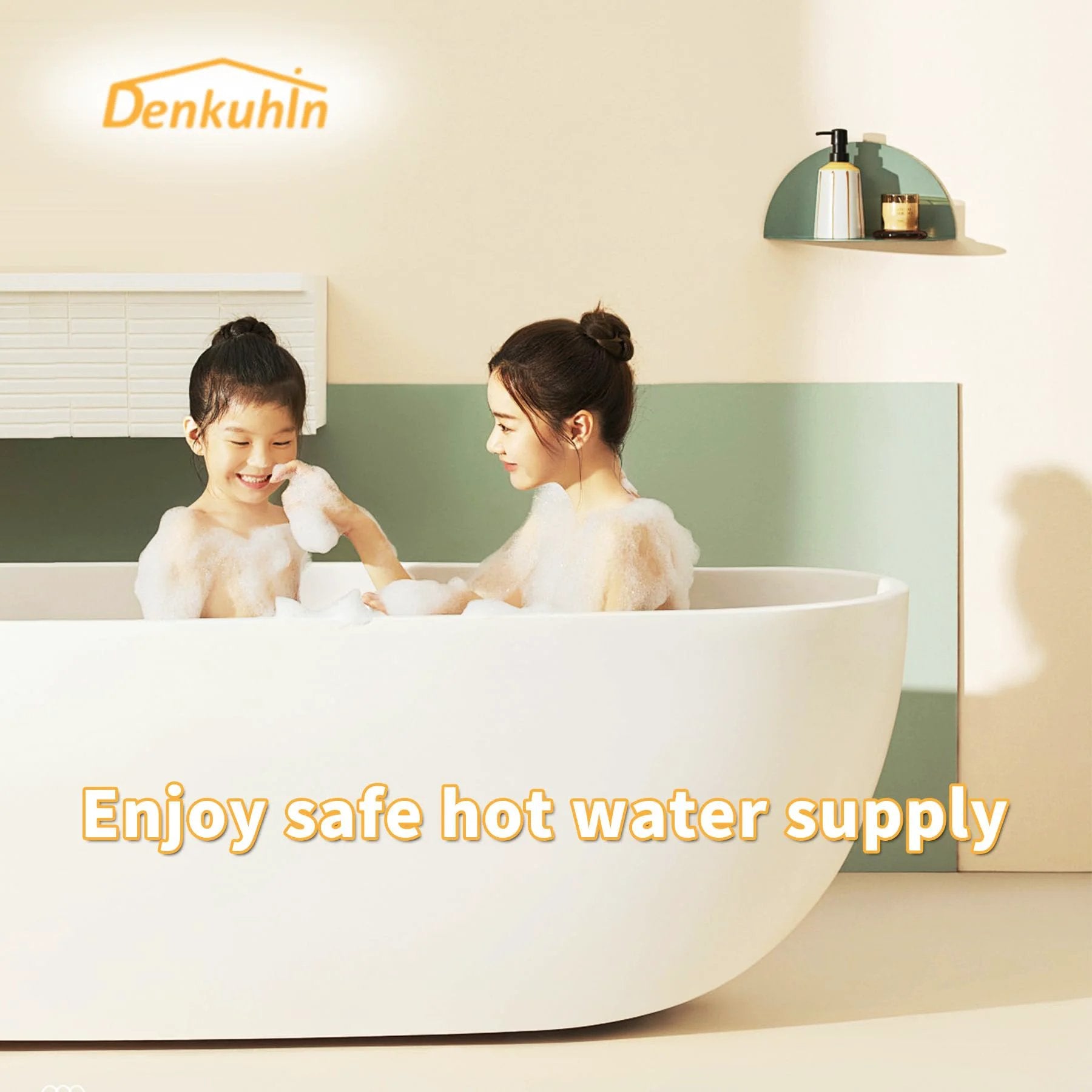 Two people enjoying a bubble bath, illustrating the safe hot water supply concept from Denkuhin.