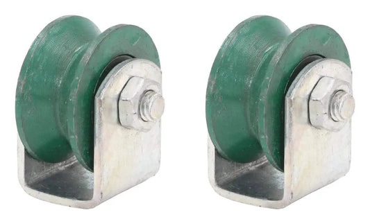 Heavy Duty Cast Iron Plate Caster Wheel With V Groove For Inverted Track, ideal for barn doors and industrial carts, side view of two wheels