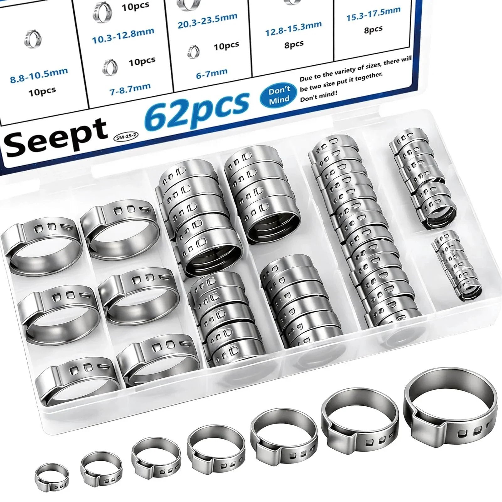 62 Piece 7 Size 304 Stainless Steel Single Ear Hose Clamps Crimp Hose Clamp Assortment Kit 6 To 23 Point 5 Millimeter Ideal For Automotive Home Appliance Water Pipe And Fuel Line Durable Corrosion Resistant Design For Long Lasting Performance In Auto And