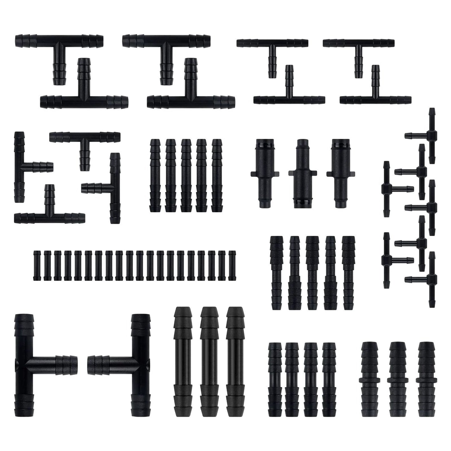 64 Piece Vacuum Line Connectors Kit For Auto DIYers Heat Resistant To 240 C 460 F Silicone Vacuum Hose Fittings assortment, showing various connectors.