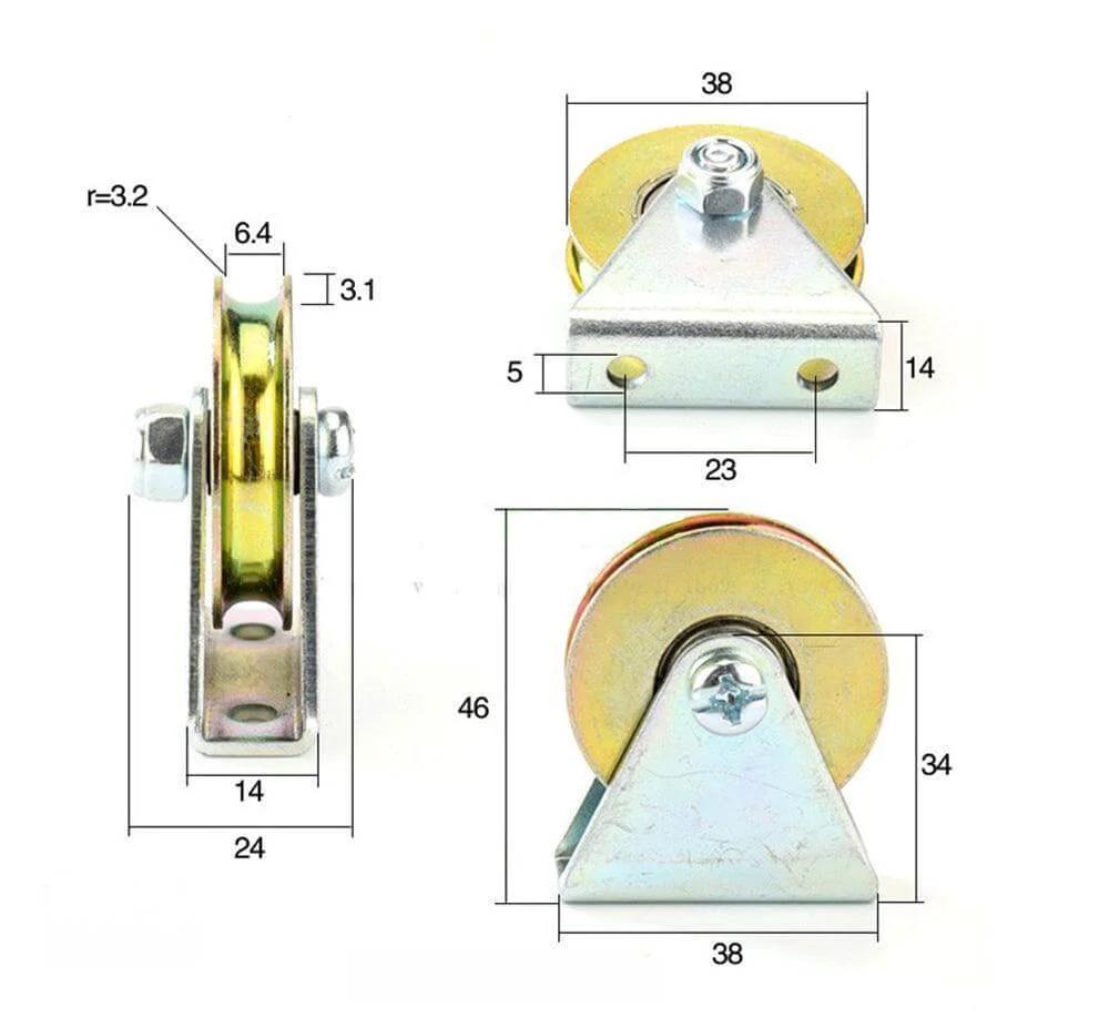 6.4mm Bore Bearing - 38mm Steel Wire Rope Cable Track Pulley - triangular U bracket