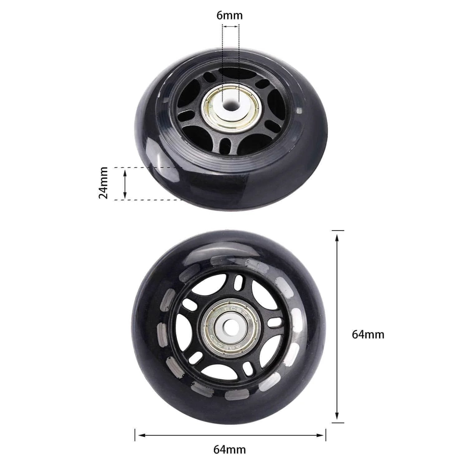 8 Pack 64mm 82A Indoor Inline Skate Replacement Wheels, Indoor Skating Wheels with ABEC-7 Bearings, Luggage Wheels, Training Wheels for Scooter - Black, showing dimensions