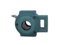 Front view of Single Unit 65mm Wide Set Screw Take-Up Unit CUCT213C with Open Cast Iron Cover, 2-Bolt Mount, Sealed Ball Bearing Compatible.
