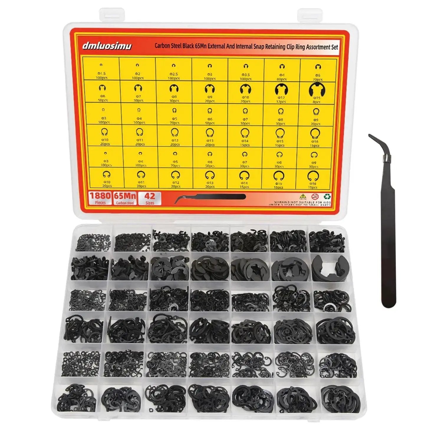 65Mn Carbon Steel Retaining Ring Kit 1880 Piece All In One E Clips Hole Rings And Shaft Rings Internal External Circlips set in box