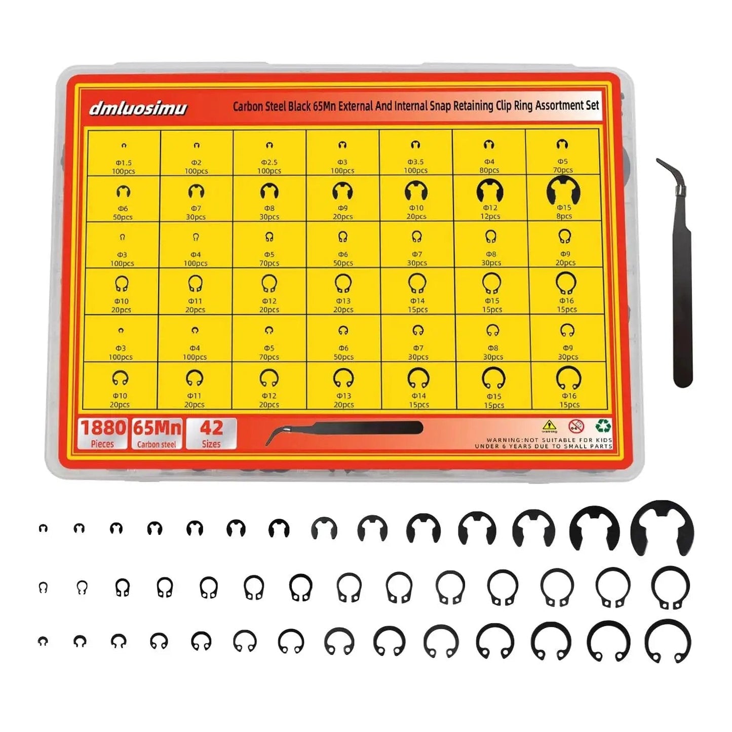 65Mn Carbon Steel Retaining Ring Kit 1880 Piece All In One E Clips Hole Rings And Shaft Rings Internal External Circlips