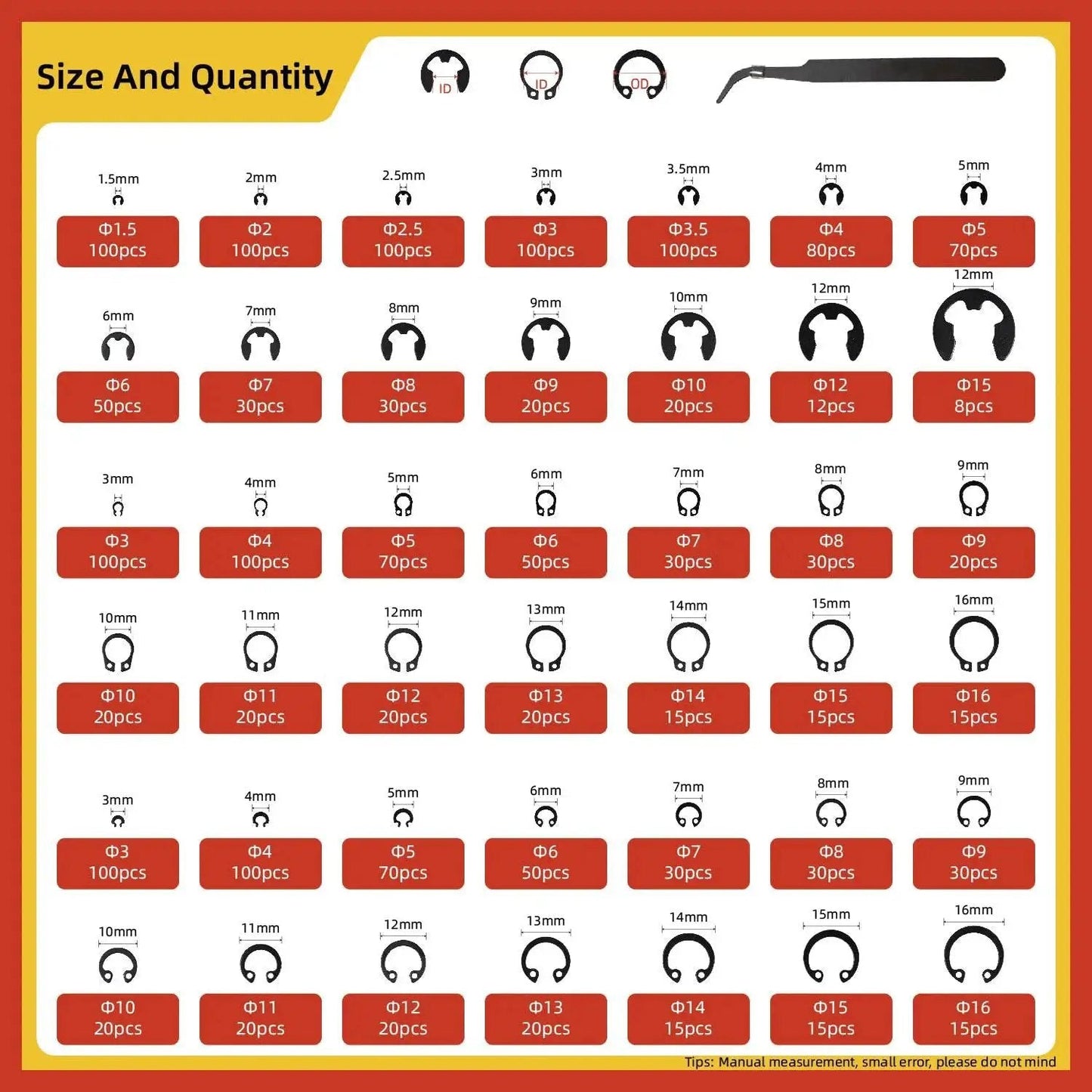 65Mn Carbon Steel Retaining Ring Kit 1880 Piece size chart with E clips, hole rings, shaft rings for machinery and industrial use.