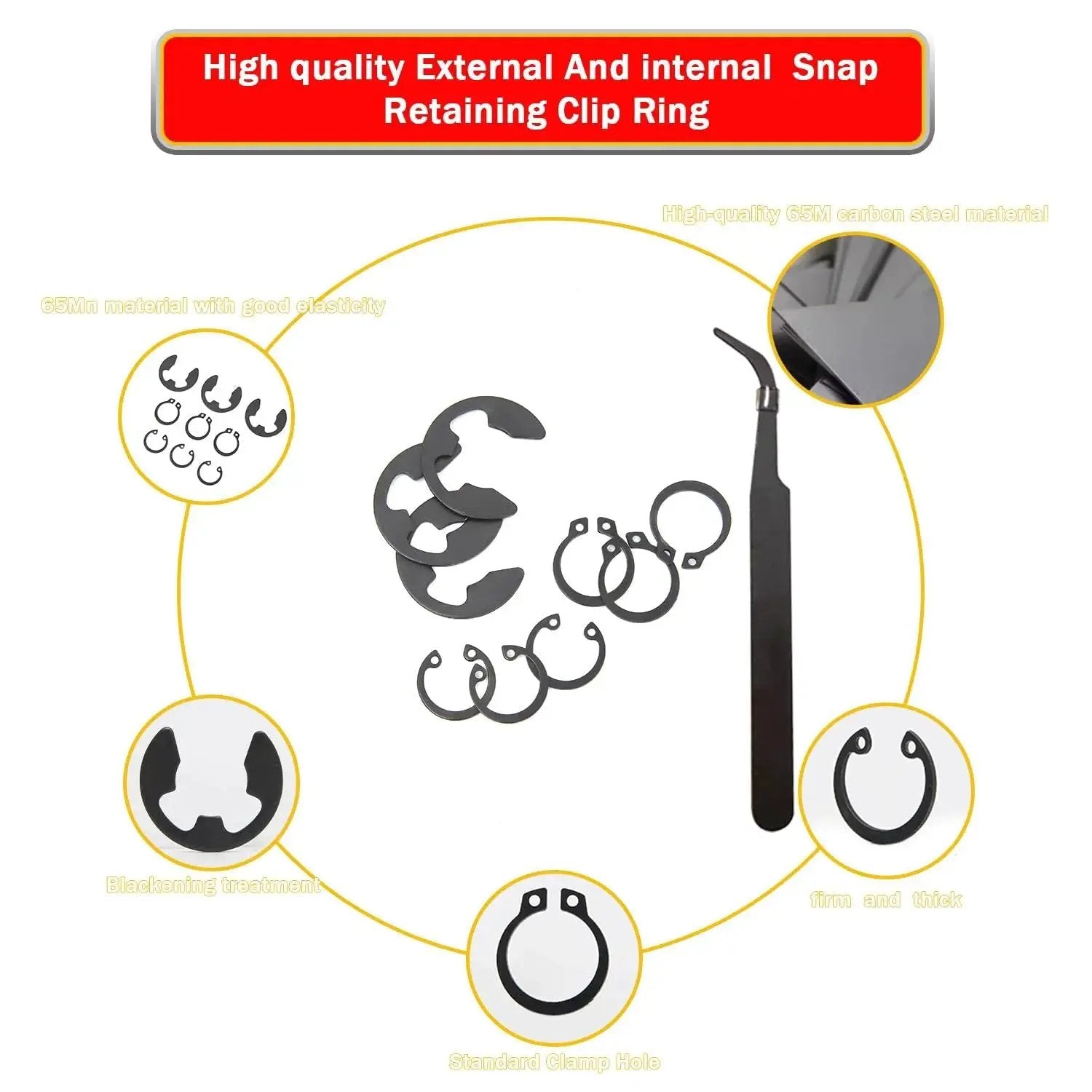 Assorted rings and pliers from 65Mn Carbon Steel Retaining Ring Kit 1880 Piece All In One E Clips Hole Rings And Shaft Rings Internal External Circlips