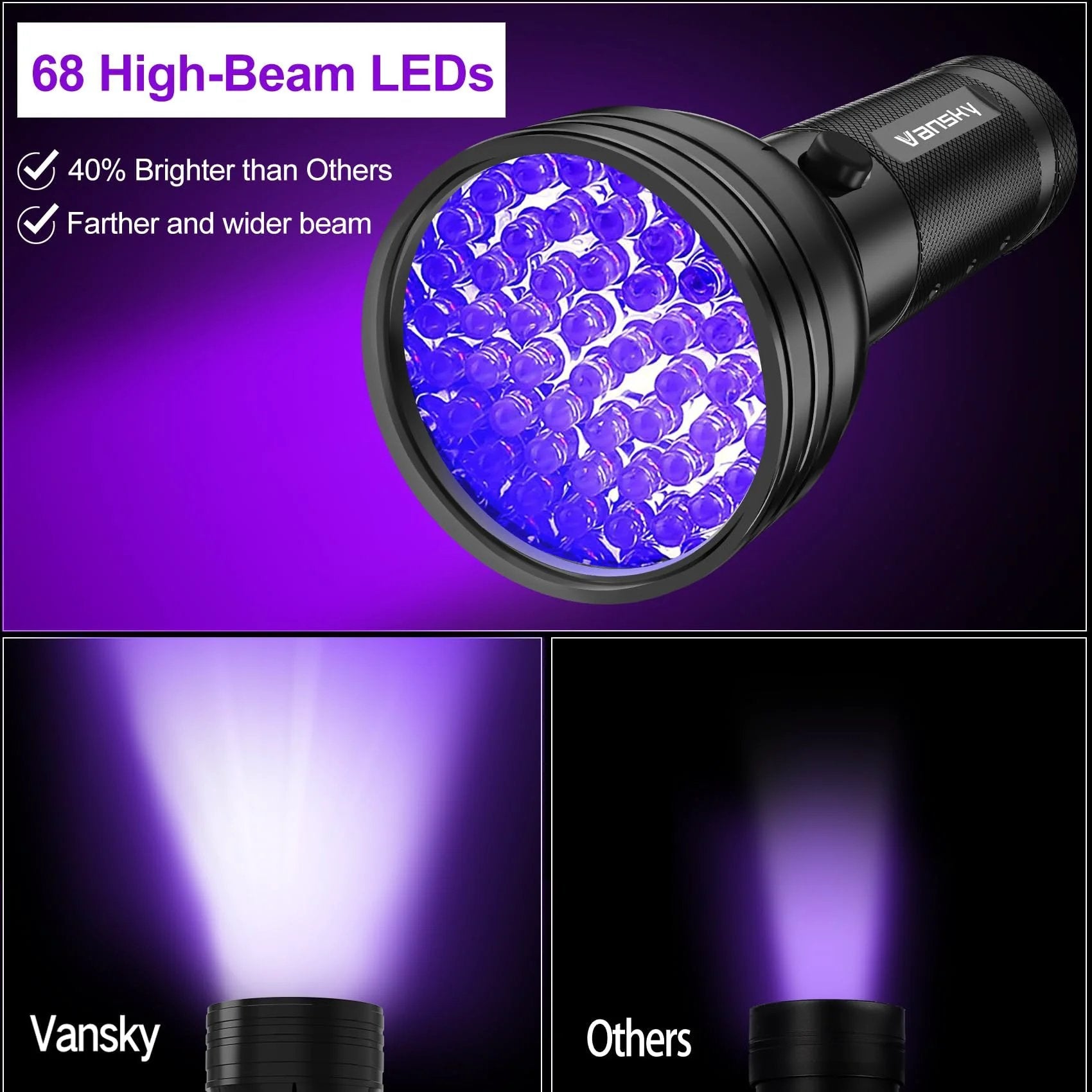 68 LED UV Dye Automotive AC Leak Detection Kit With Protective Glasses From Vansky Pro Grade Car Tool showing bright UV LED beam.