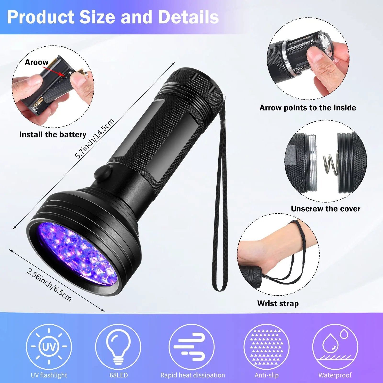 Refrigerant Leak Detector Kit With LED Light For Auto And Home ACs, Halogen Gas Leakage Tester, 68 Flashlight Included, UV Protective Glasses, Battery Not Included, All In One Tool For Quick, Accurate Leak Detection - close-up of 68 LED flashlight with UV light features.