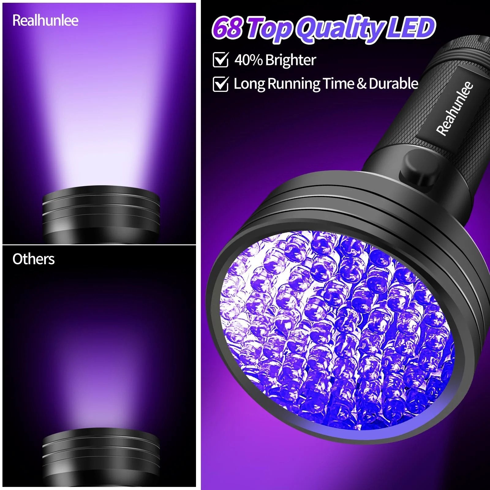Pro Grade AC UV Dye Leak Detector Kit With 68 LED UV Flashlight, close-up of flashlight beam and LED bulb design.