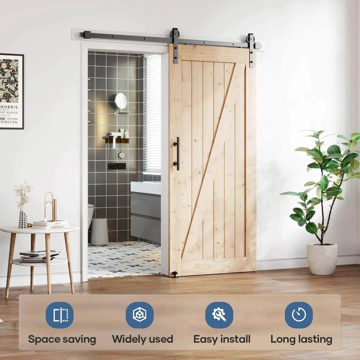 6FT Sliding Barn Door Hardware Track Kit & Handle,Big Industrial Spoke Wheel Pulley,Wall Mount,Slide Smoothly Quietly,Easy Install,Black,72" Track Fit for 32-34" Wide Opening (No Door) installed with wooden door in living space