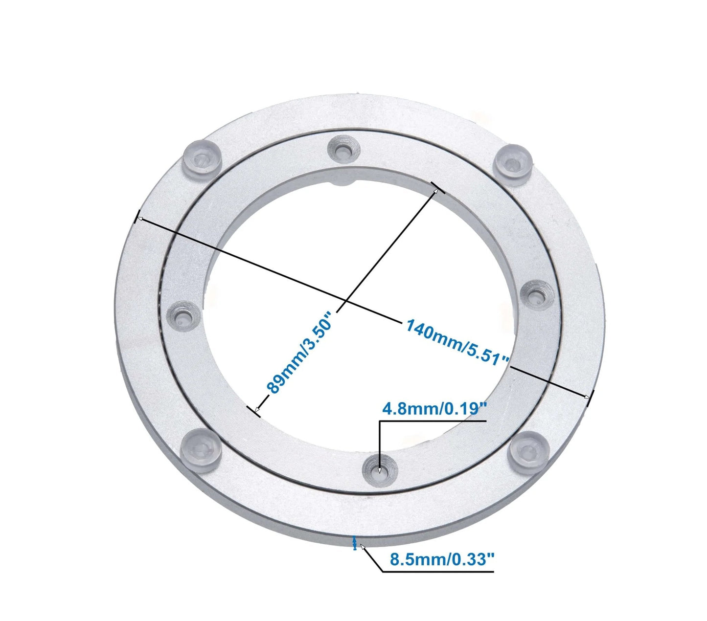 6 Inch Aluminum Heavy Duty Lazy Susan Rotating Turntable Bearing Swivel Plate Hardware with dimensions for dining tables and DIY projects.