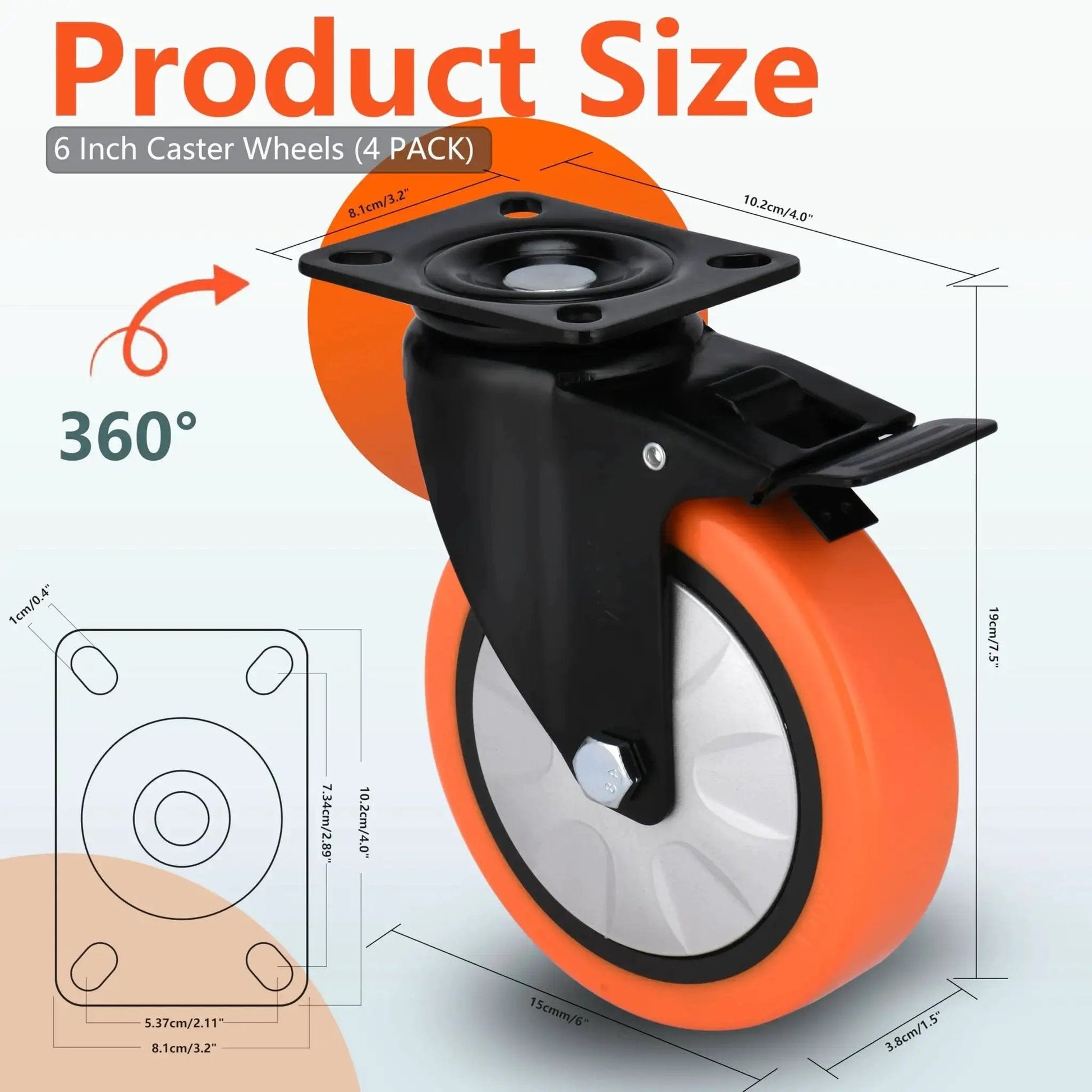 6 Inch Industrial Brake Caster Heavy Duty Wheel With 4000 Lb Load Capacity No Noise Polyurethane On Steel Hub, product size