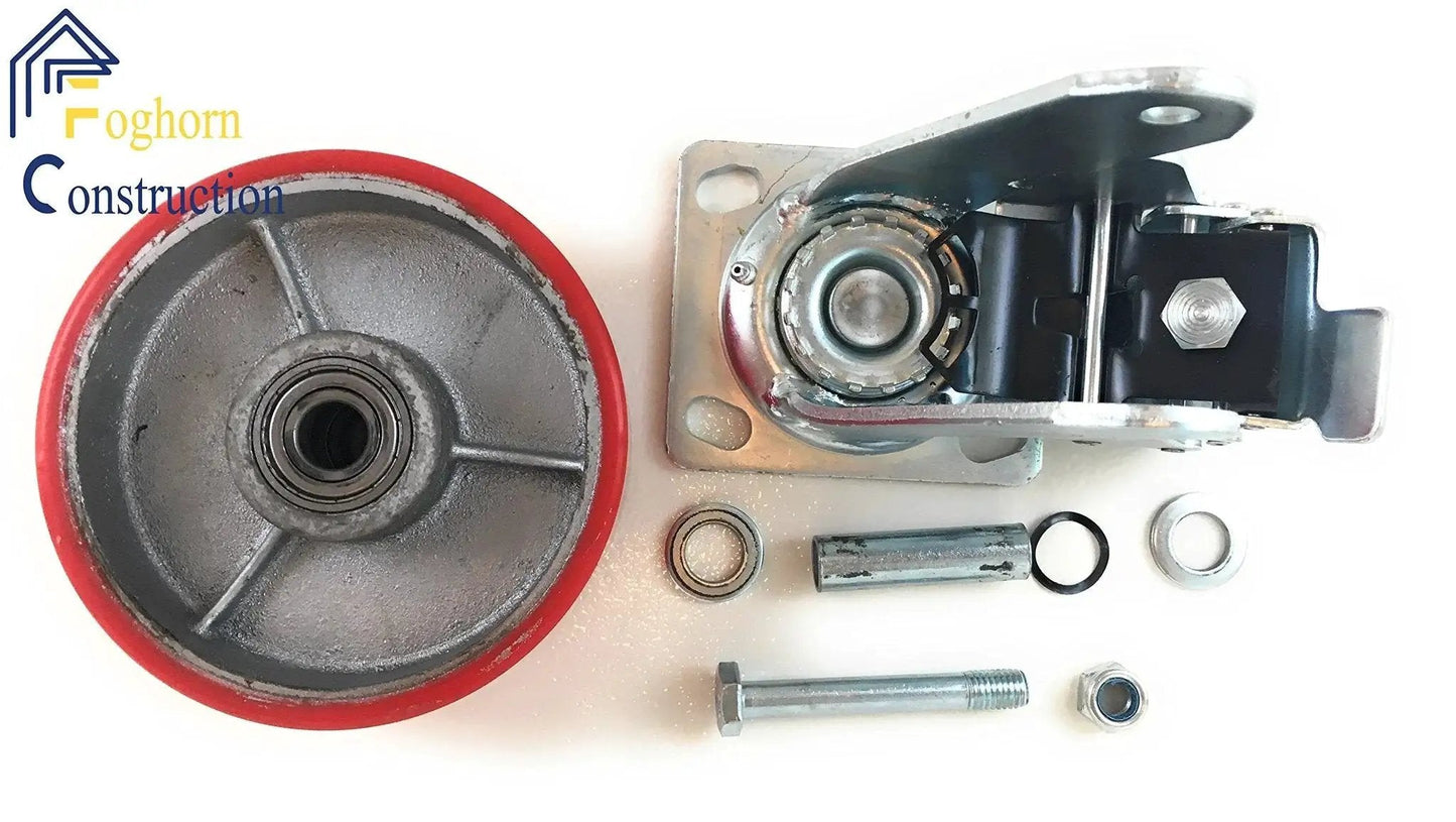Industrial 6 Inch By 2 Inch Caster Set Of 4 With Two Fixed And Two Swivel Wheels Brakes Cast Iron Plate Heavy Duty 3500 Lb Capacity Smooth Rolling Polyurethane Wheels For Carts And Equipment In Workshops Warehouses And Garages wheel components displayed disassembled with a metal caster fitting, screws, and a red polyurethane-coated wheel.