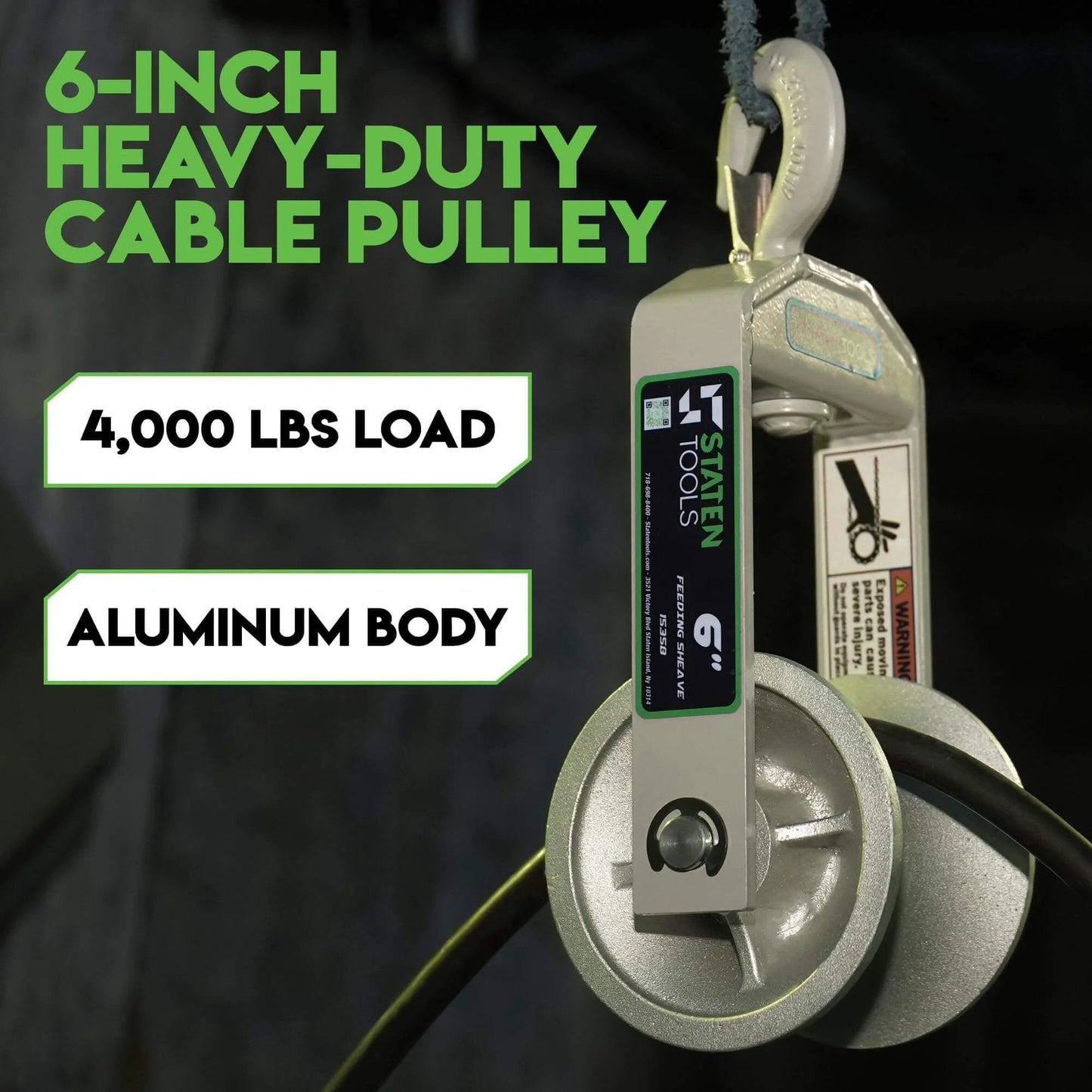 Staten Tools 6-inch diameter cable puller sheave with hook, wire, rope, aluminum body, compatible with Greenlee pullers.