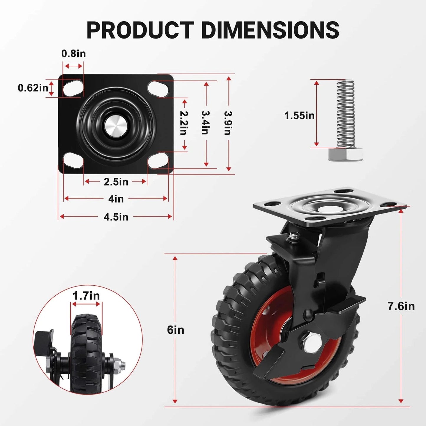 Product dimensions of 6 Inch Outdoor Heavy Duty Caster Wheels Set of 4 with Brakes in a detailed diagram showing size and brake mechanism.