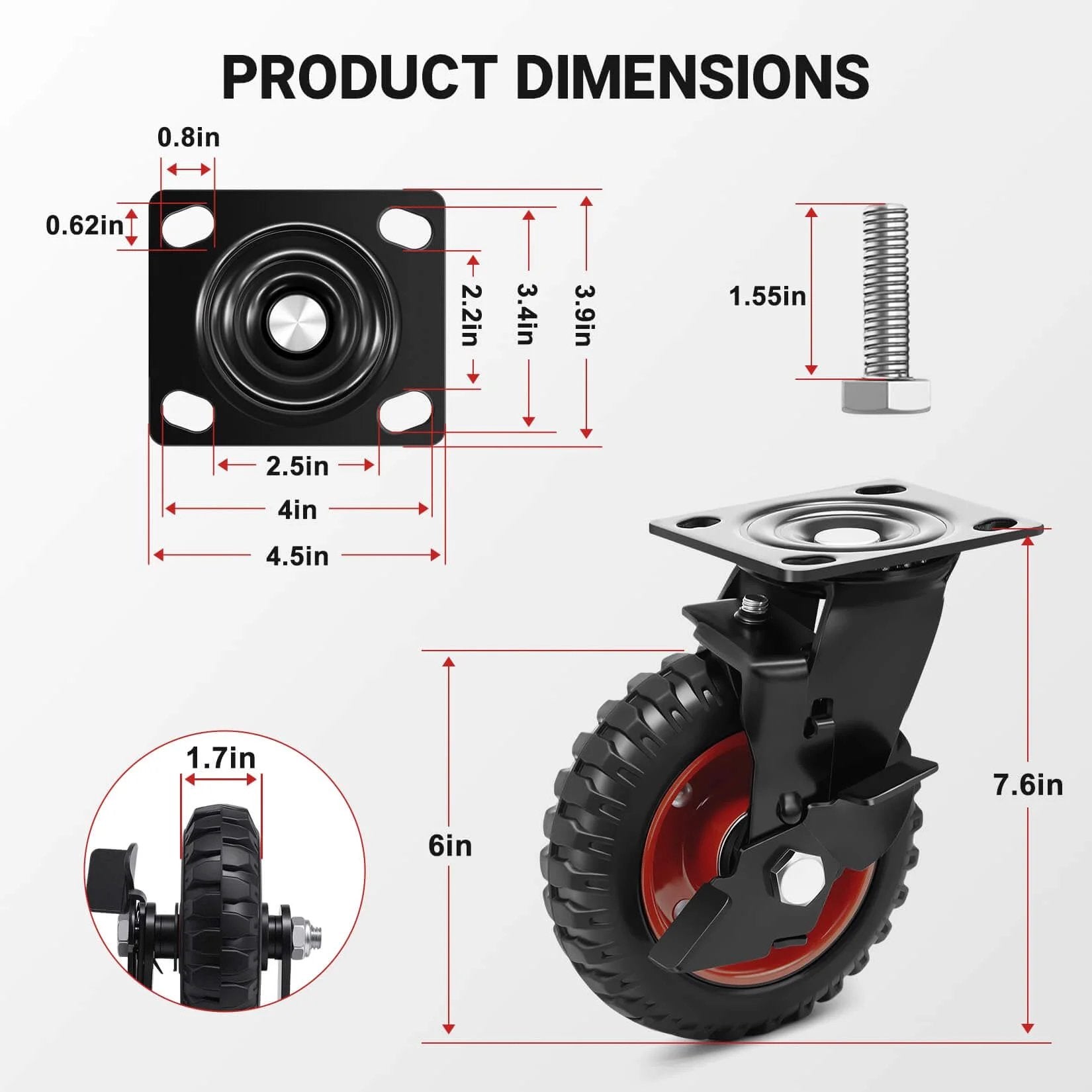 Product dimensions of 6 Inch Outdoor Heavy Duty Caster Wheels Set of 4 with Brakes in a detailed diagram showing size and brake mechanism.