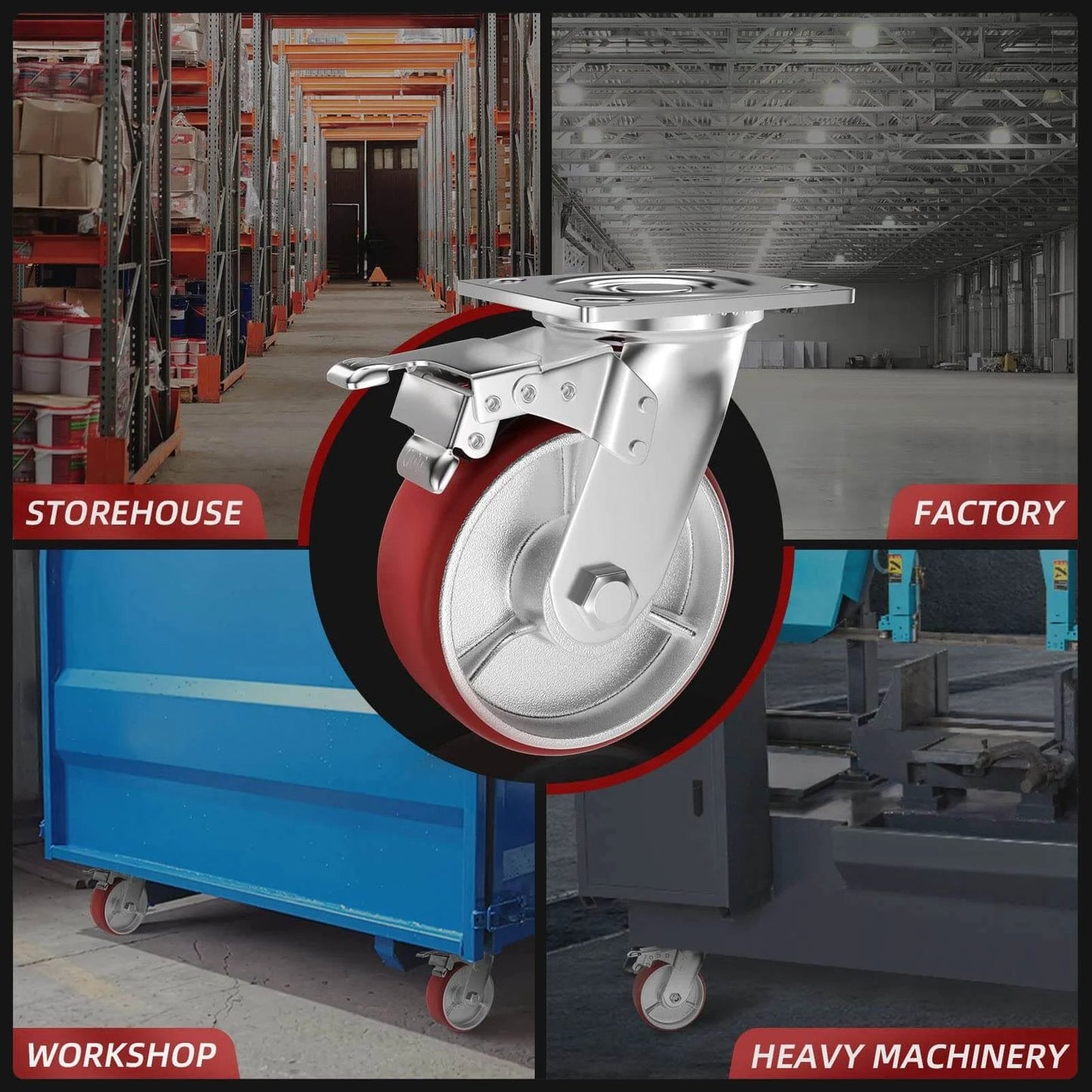 6 Inch Heavy Duty Locking Caster Wheels Set of 4 showcased for storehouse, factory, workshop, and heavy machinery use.