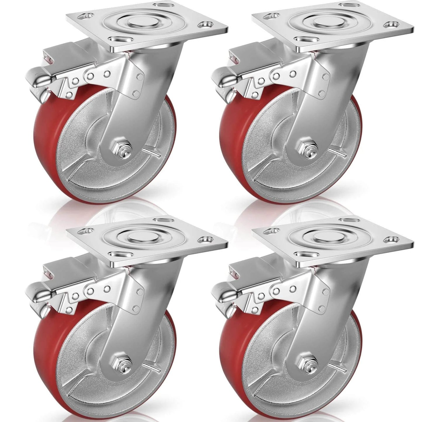 6 Inch Heavy Duty Locking Caster Wheels Set of 4, Swivel Plate Casters with Brake, No Noise Polyurethane on Steel Wheels