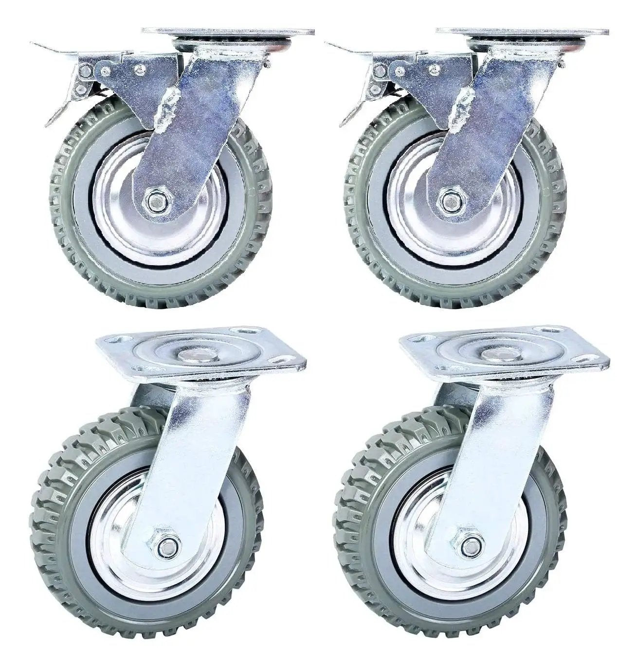 6 Inch Heavy Duty Swivel Caster Wheels Four Pack With Anti Skid Rubber And 360 Degree Top Plate, two with brakes and locks