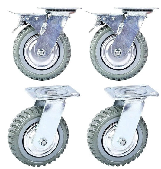 6 Inch Heavy Duty Swivel Caster Wheels Four Pack With Anti Skid Rubber And 360 Degree Top Plate, two with brakes and locks