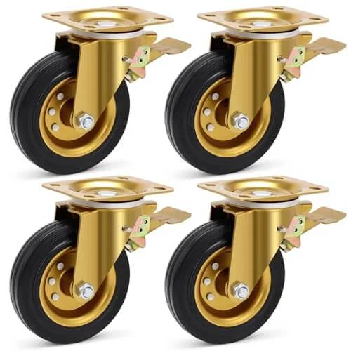 Set of 4 gold 6 Inch Outdoor Heavy Duty Caster Wheels with Brake, iron core and hard rubber wheels, 2600lb load capacity