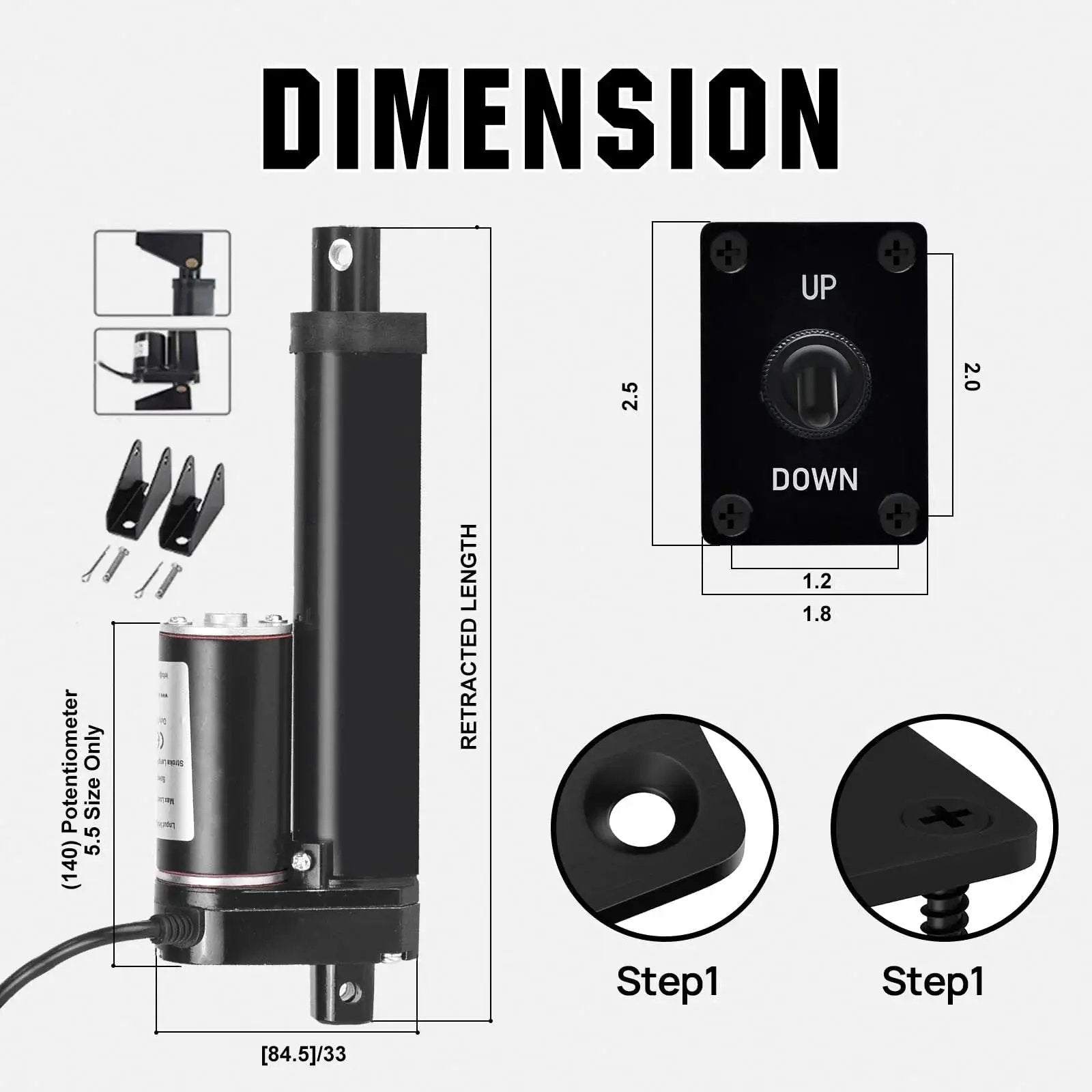 Diagram of 6 Inch Stroke 12V Linear Actuator with 1000N Thrust, includes IP54 aluminum housing and reverse polarity toggle switch