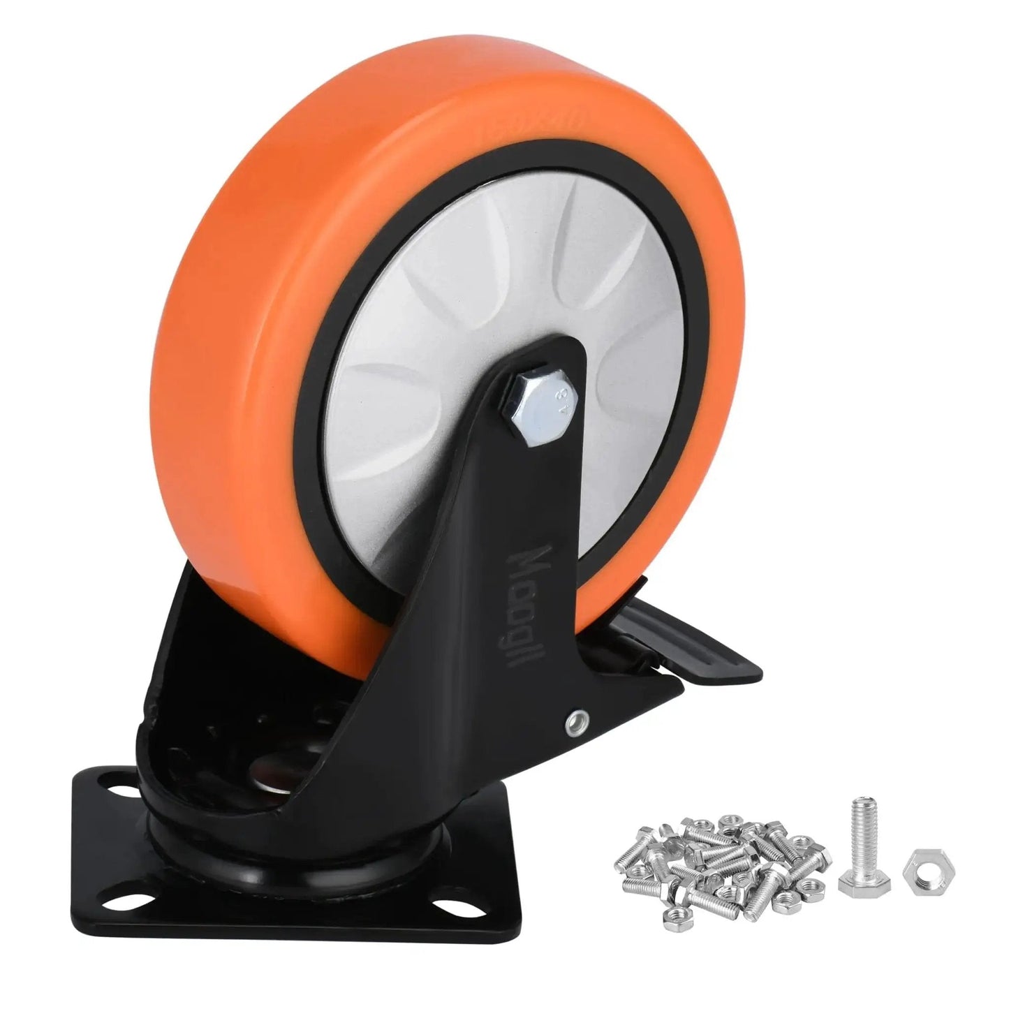 6 Inch Industrial Brake Caster Heavy Duty Wheel With 4000 Lb Load Capacity No Noise Polyurethane On Steel Hub with screws shown