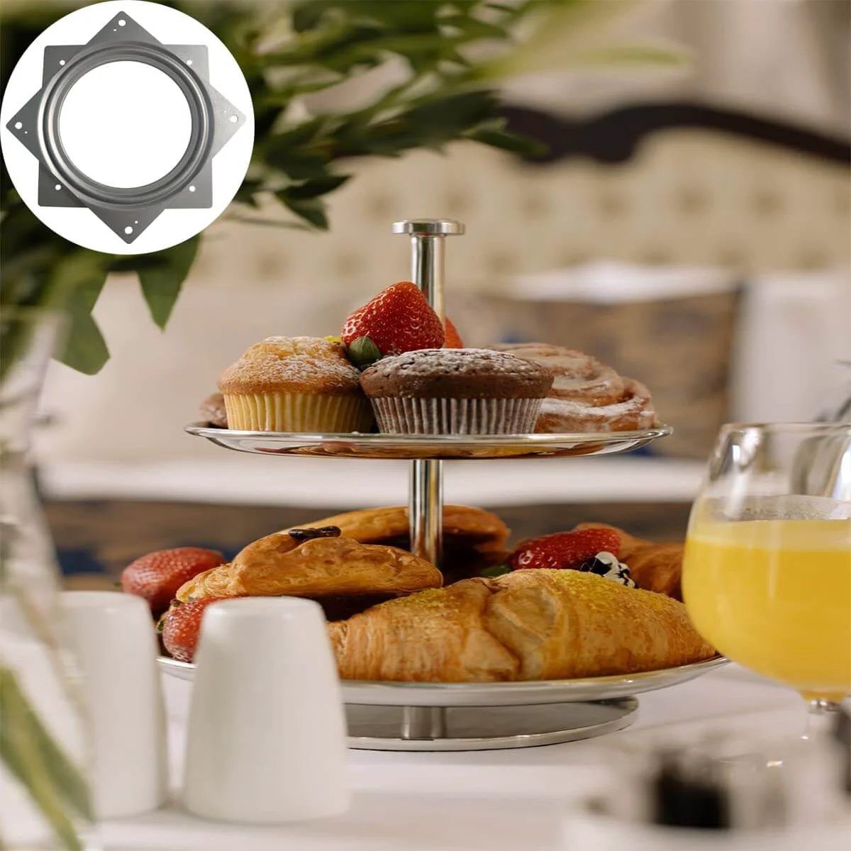 1 Pc 6 Inch Square Lazy Susan Turntable Bearing, Galvanized Steel Swivel Plate with breakfast setup in background