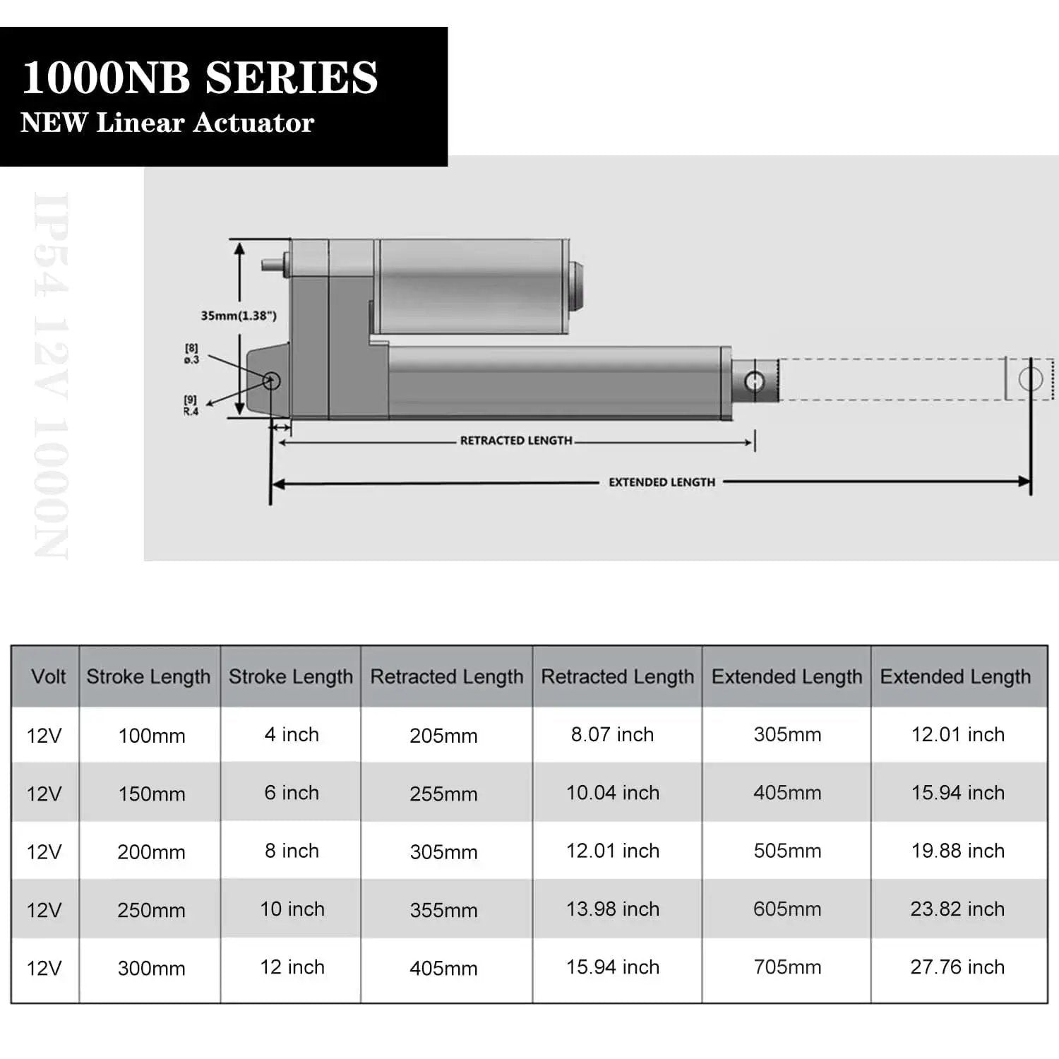 Diagram showing 6 Inch Stroke 12V Linear Actuator With 1000N Thrust, 14mm Per Second Speed, IP54 Aluminum Housing dimensions and specs