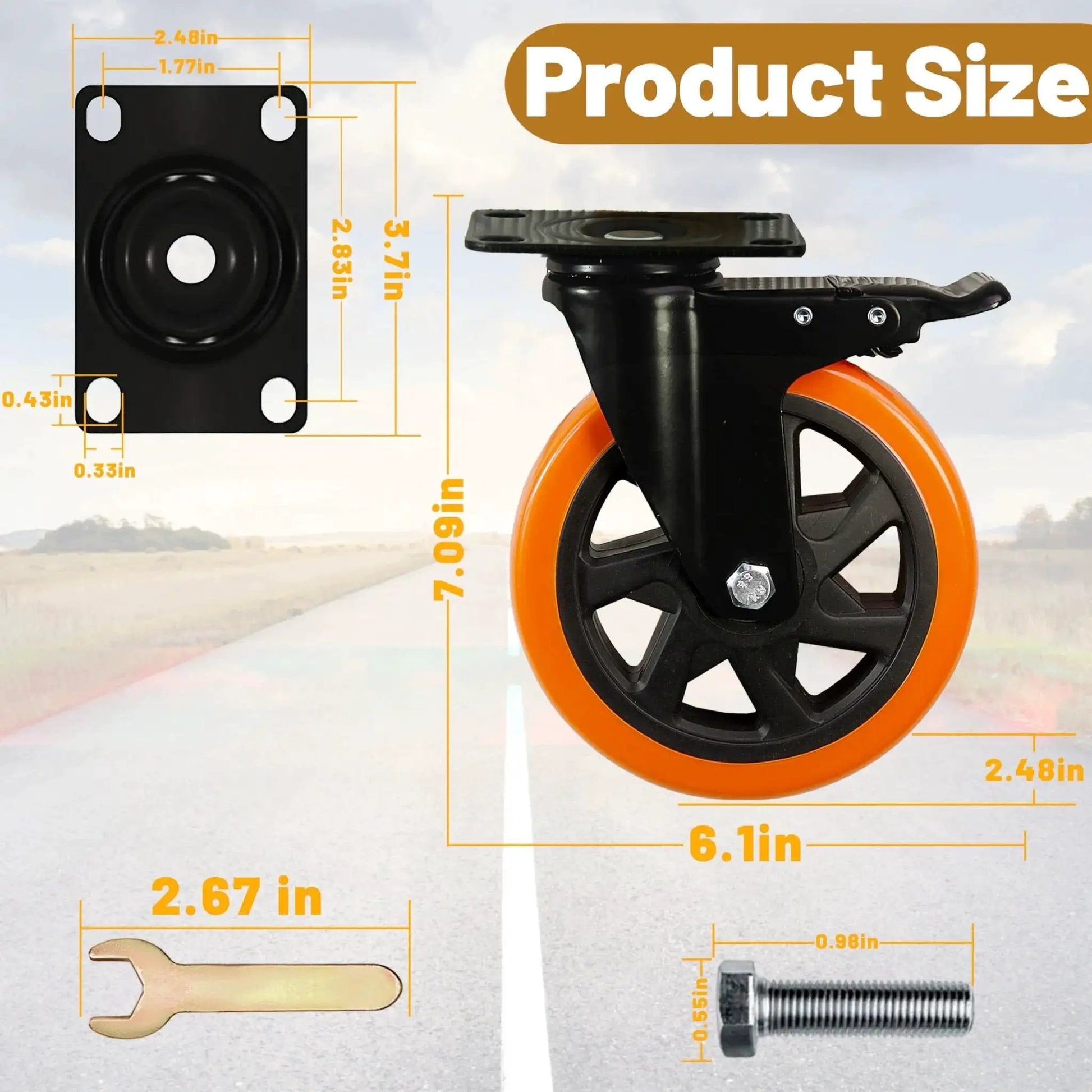 Heavy Duty Swivel Caster Wheels Set Of 4 With 6 Inch Wheels Silent Operation And Double Locking For Workbenches Carts And Furniture Up To 2800 Lbs Total Load Capacity Industrial Grade dimensions with wrench and bolt.