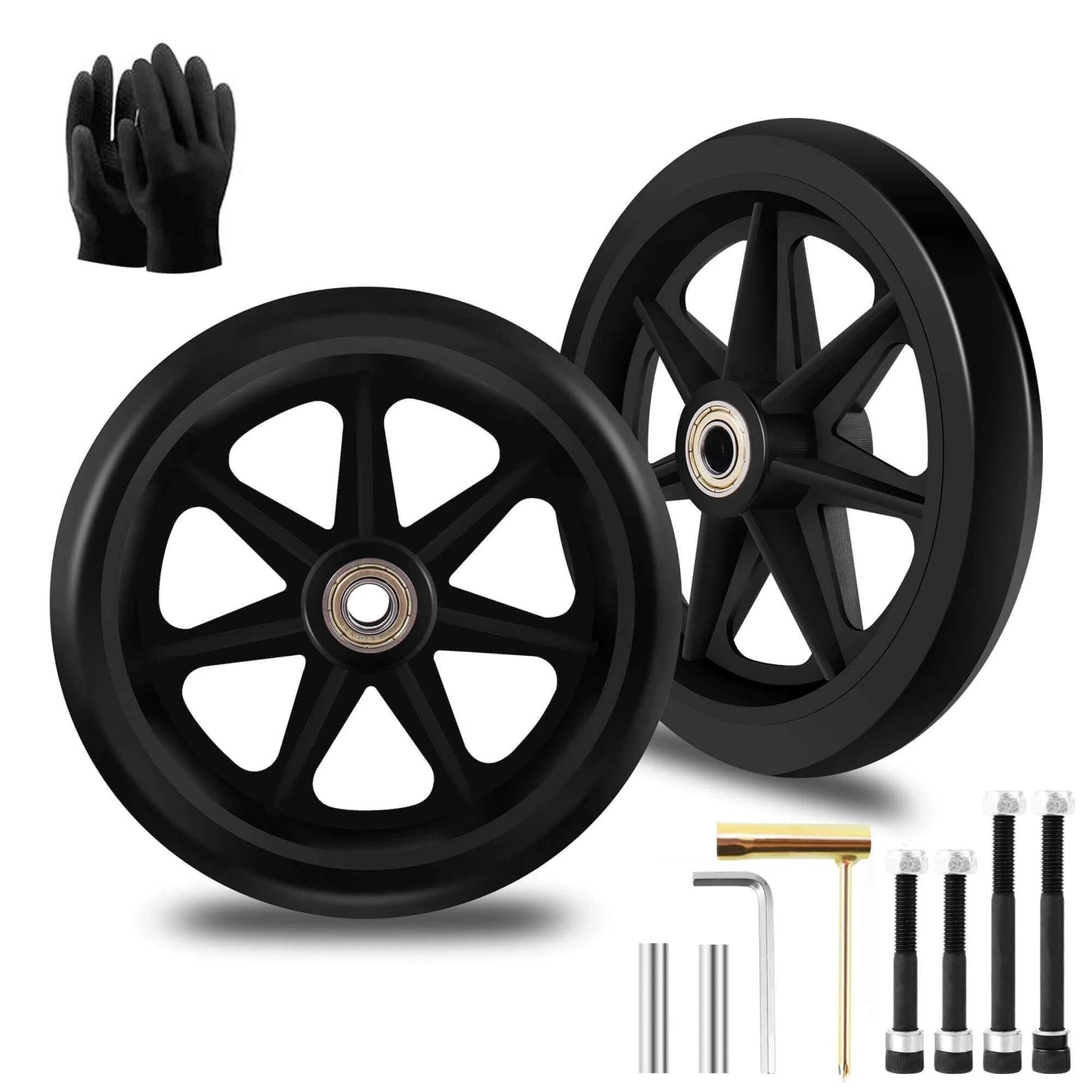 2Pcs 6 Inch Replacement Wheelchair Wheels for Walkers - Environmentally Friendly Rubber Material, with tools and gloves