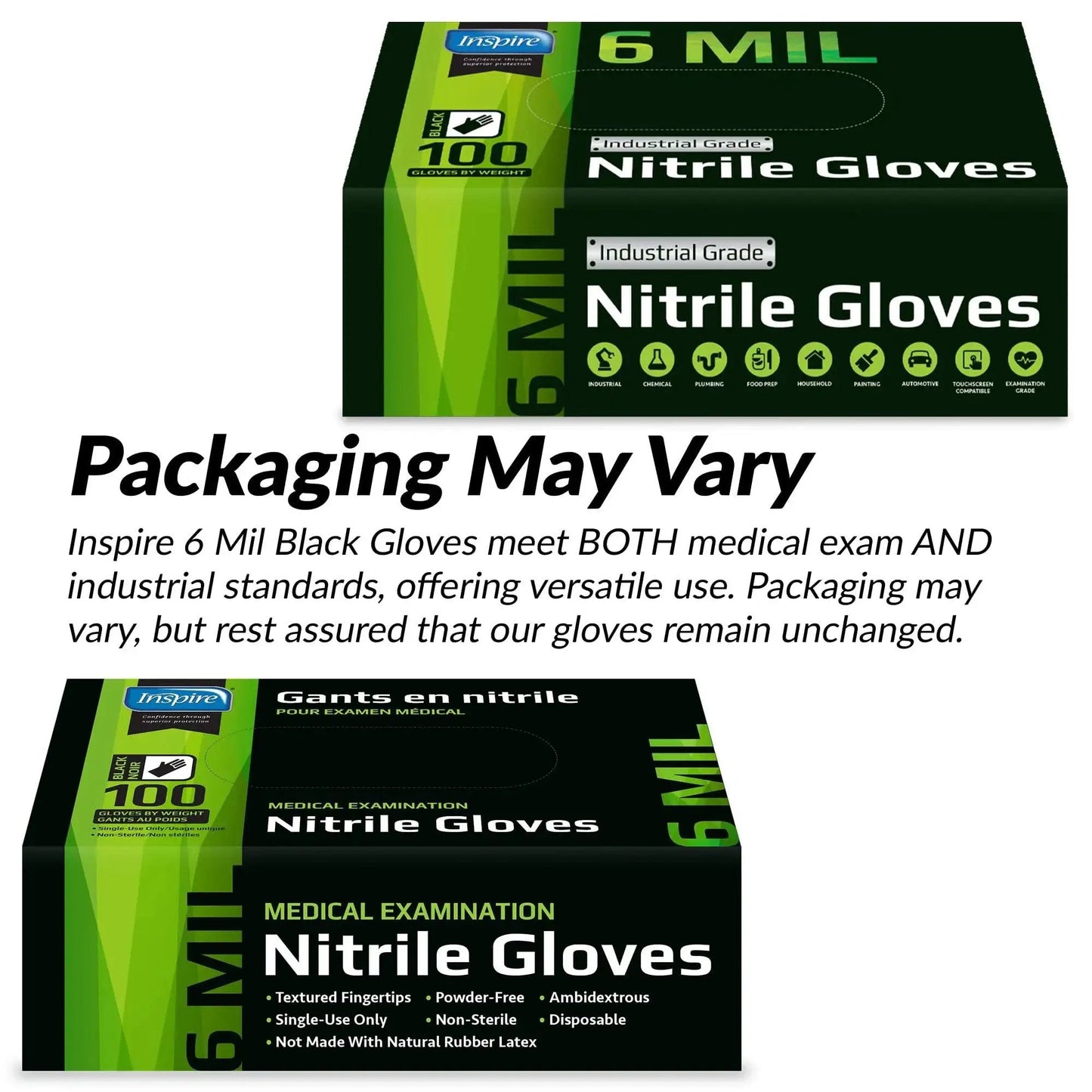 Packaging of Heavy Duty 6 Mil Black Nitrile Gloves Latex Free For Food Industry And Mechanics, 100 gloves per box, labeled industrial grade.