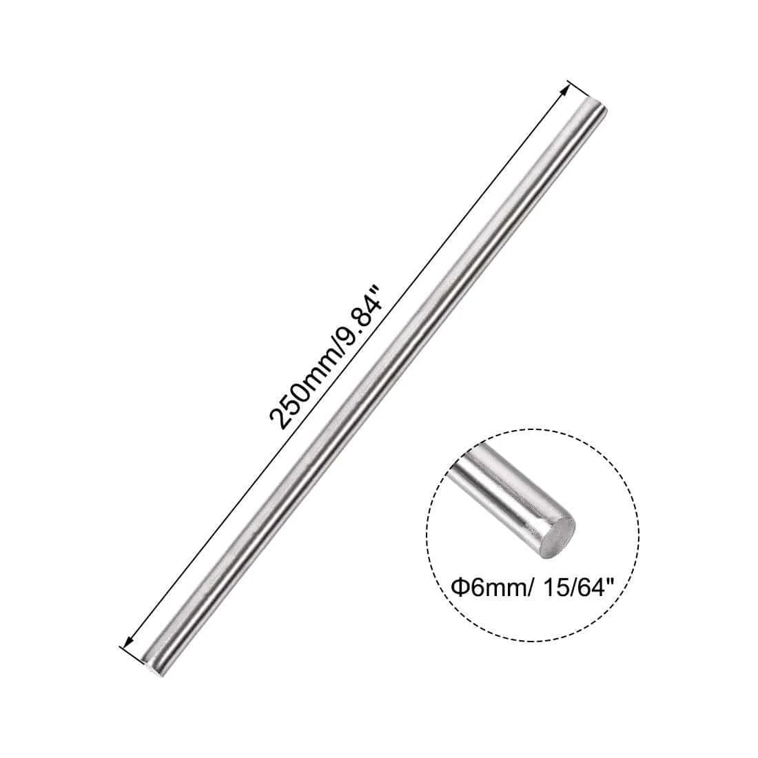 Diagram of 6mm x 250mm 304 Stainless Steel Solid Round Rod for DIY Craft - 2pcs showing dimensions