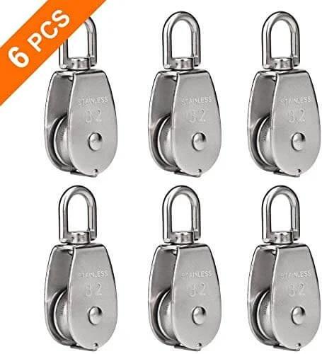 6 Pack M32 Stainless Steel Wire Rope Crane Pulley Block 551lbs Lifting Crane Swivel Hook Single Pulley Block Hanging Wire Towing Wheel