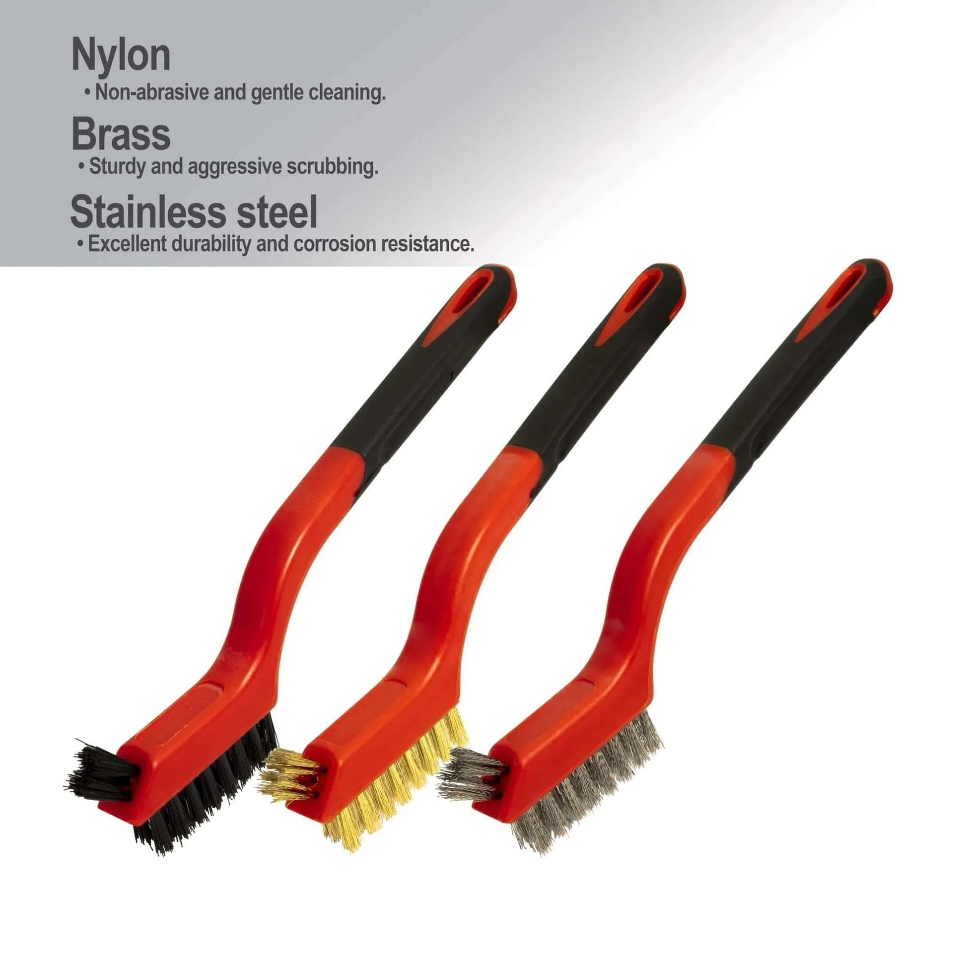 6Pcs Wire Brush Set with stainless steel, brass, and nylon bristle brushes for cleaning rust and welding slag, shown with red handles.